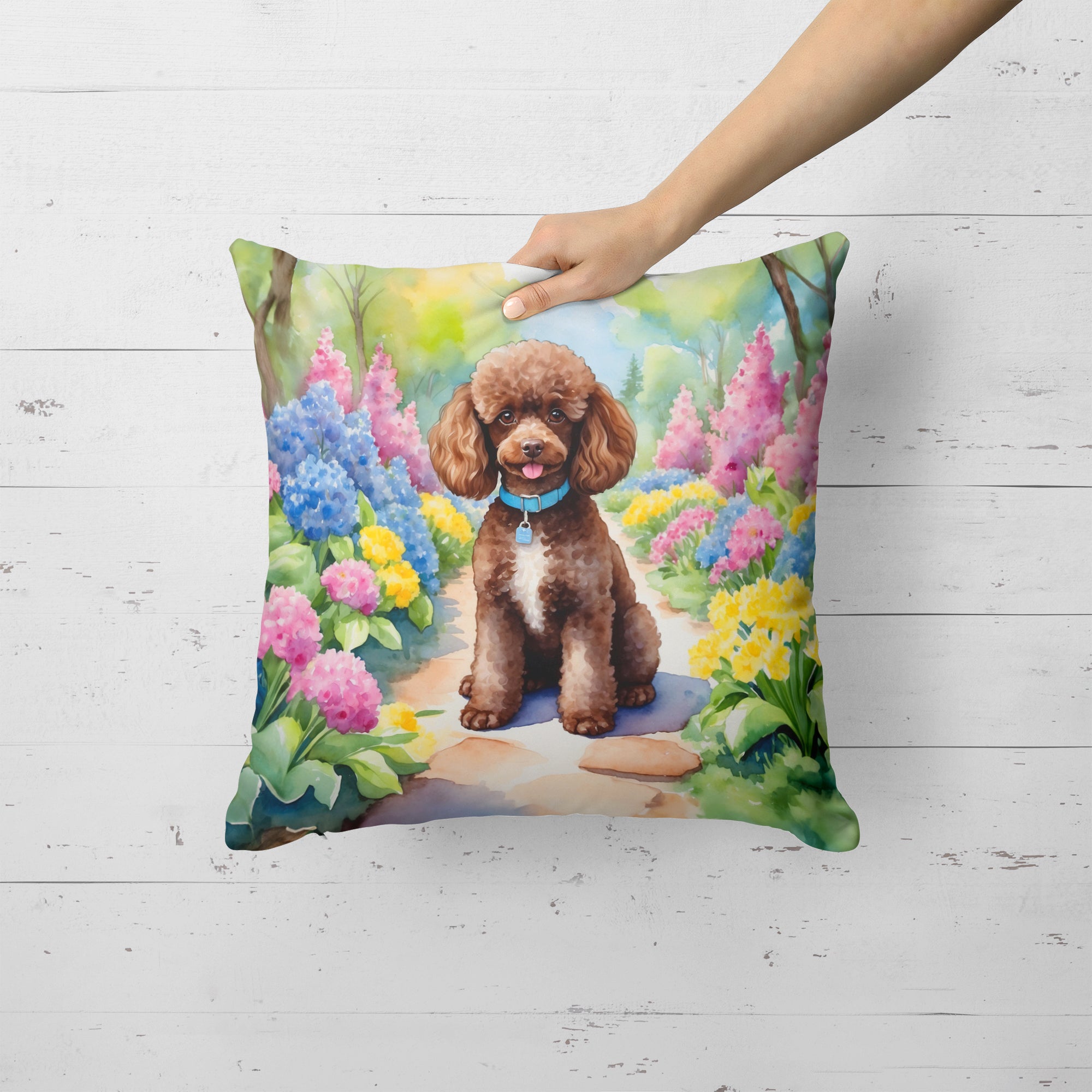 Chocolate Poodle Spring Path Throw Pillow