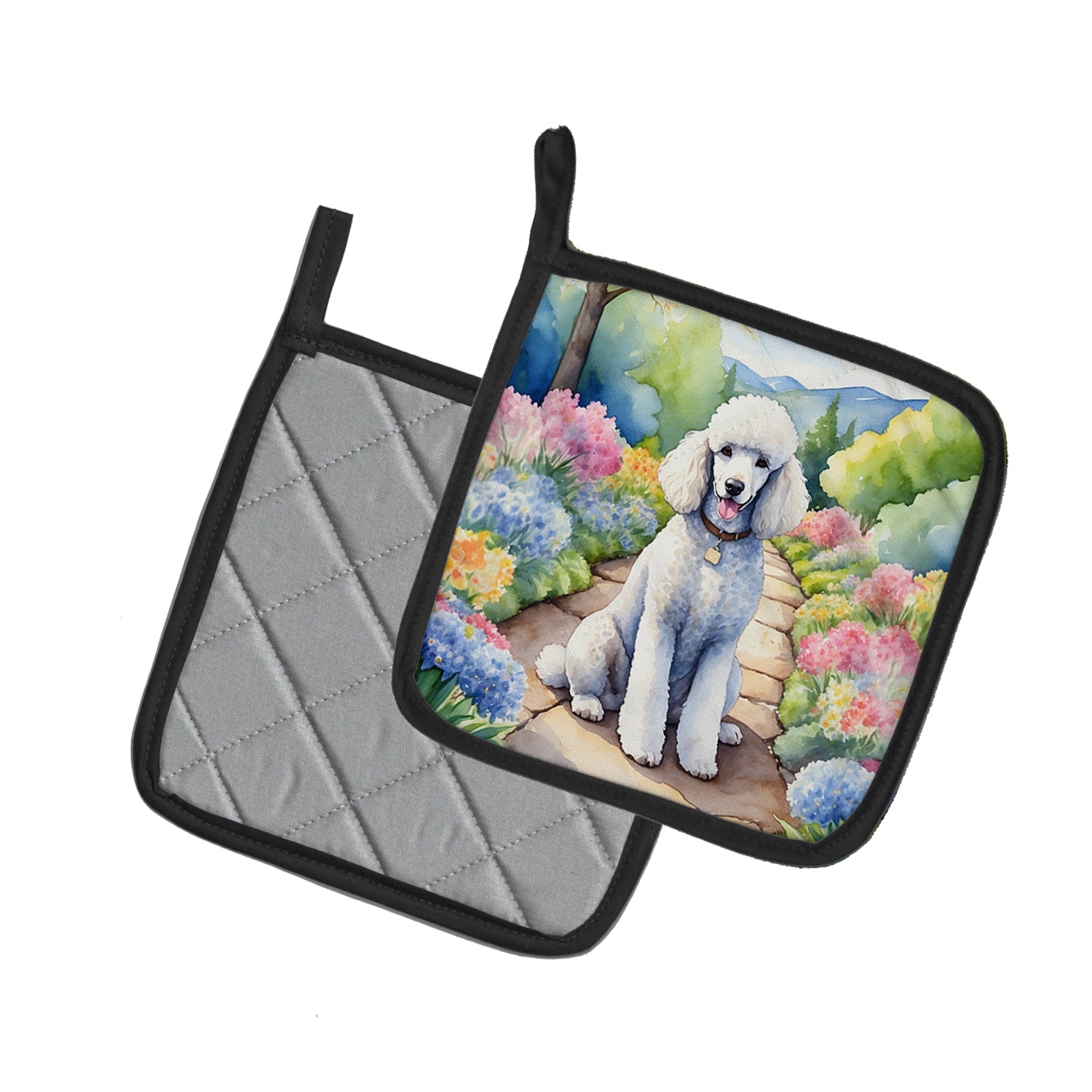 White Poodle Spring Path Pair of Pot Holders