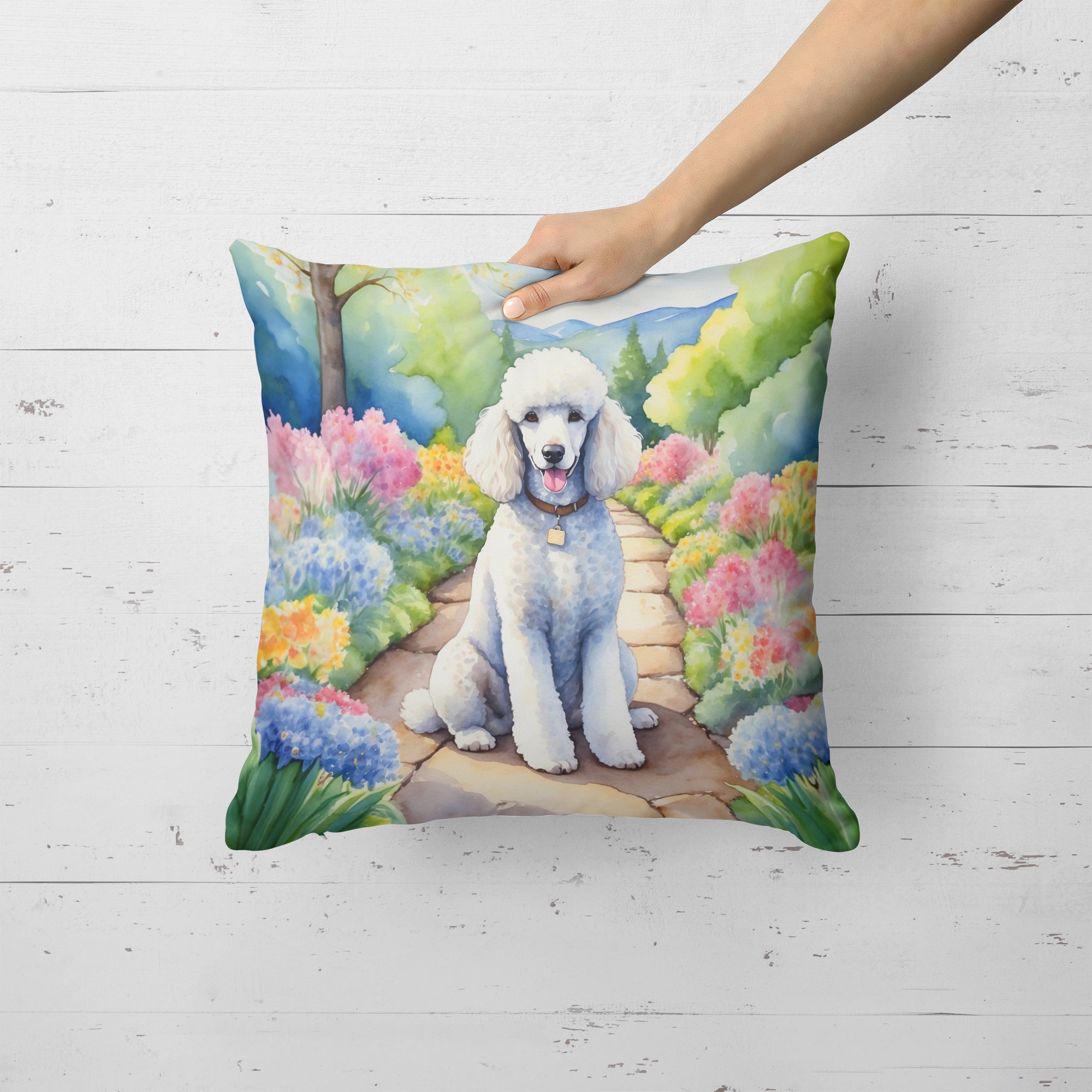White Poodle Spring Path Throw Pillow