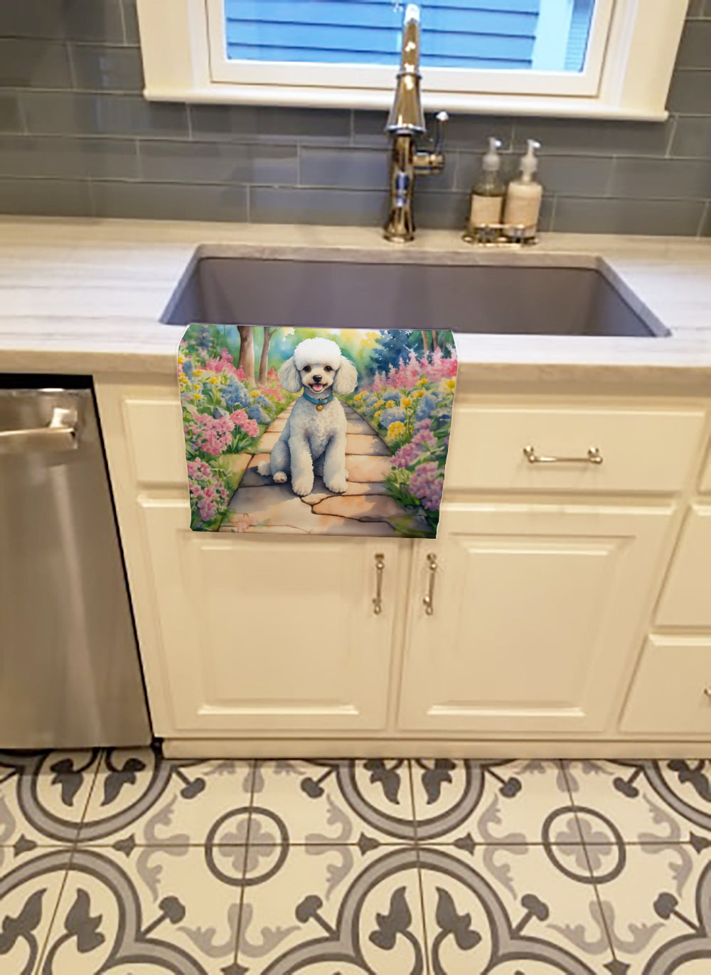 White Poodle Spring Path Kitchen Towel