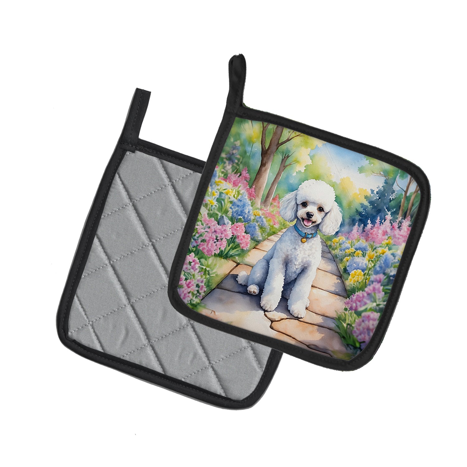 Buy this White Poodle Spring Path Pair of Pot Holders