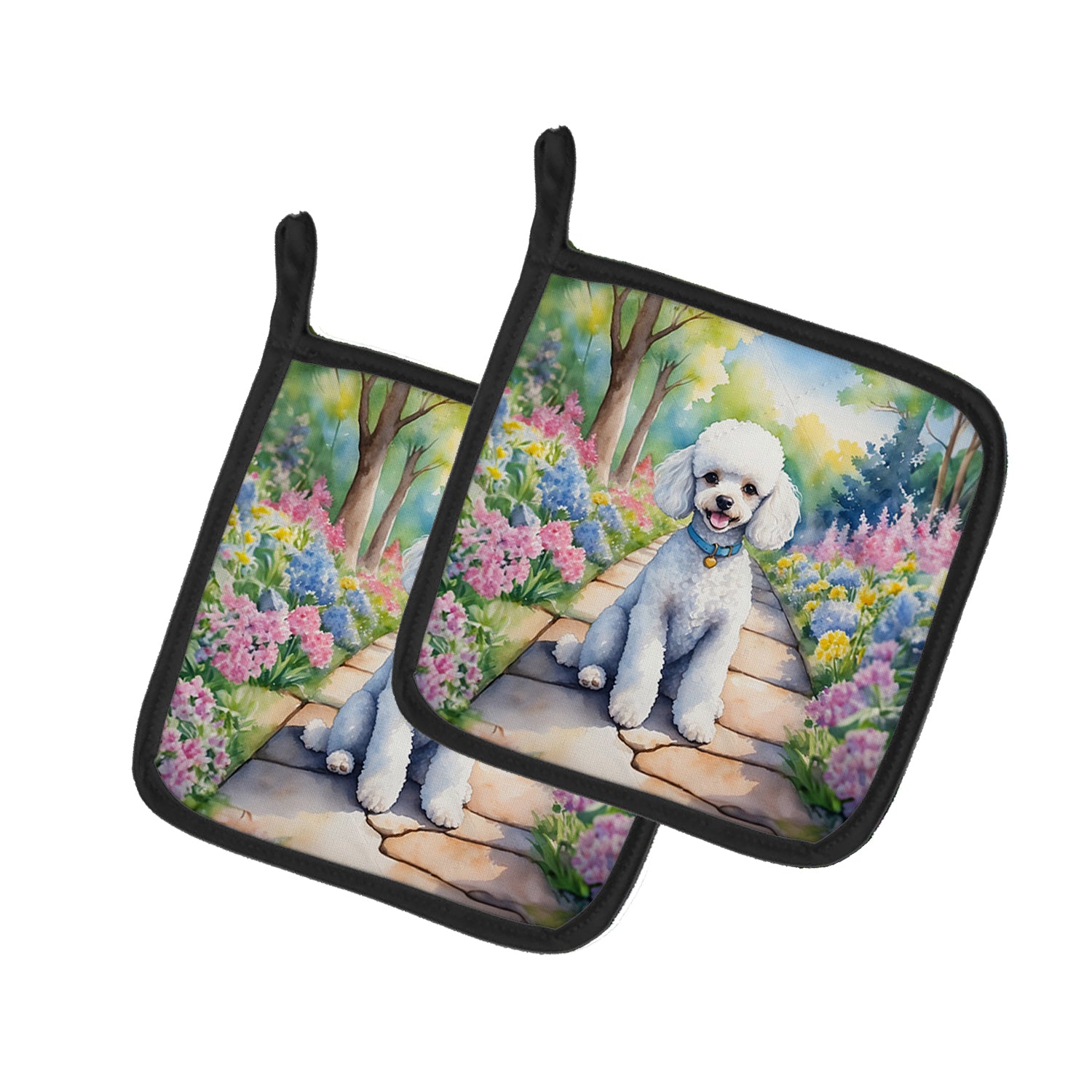 Buy this White Poodle Spring Path Pair of Pot Holders
