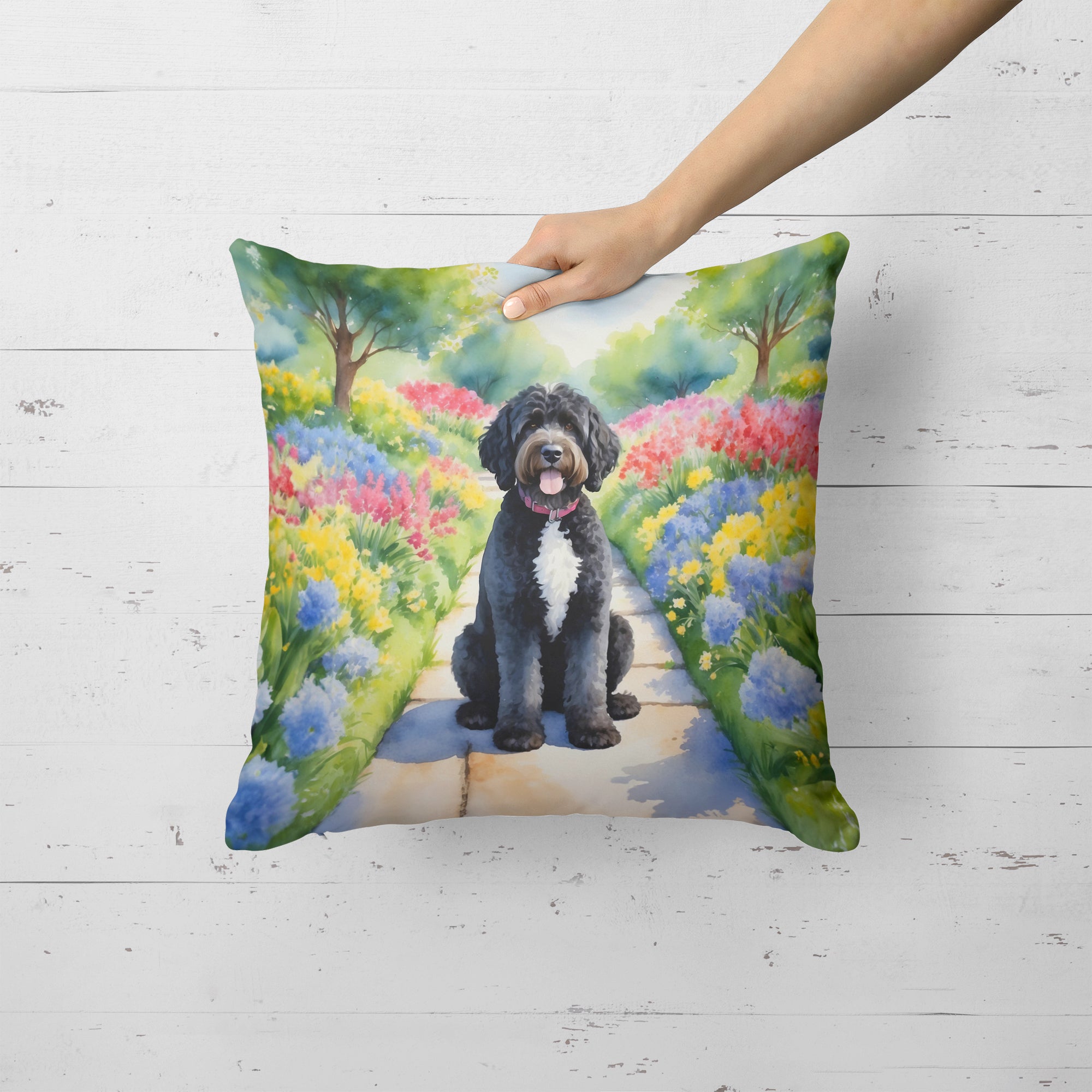 Buy this Portuguese Water Dog Spring Path Throw Pillow
