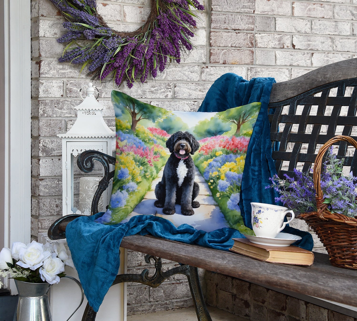 Portuguese Water Dog Spring Path Throw Pillow