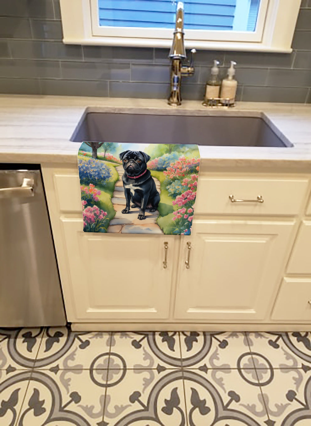 Black Pug Spring Path Kitchen Towel