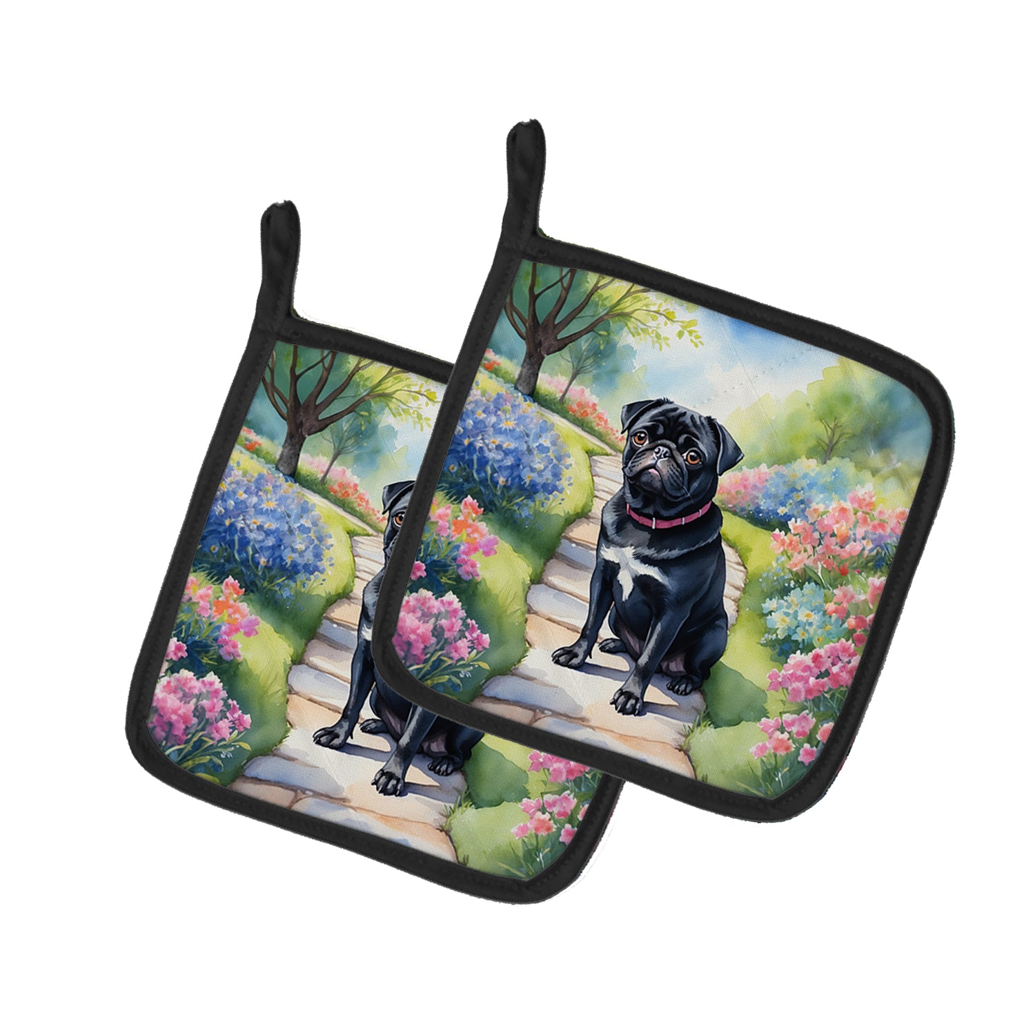 Buy this Black Pug Spring Path Pair of Pot Holders