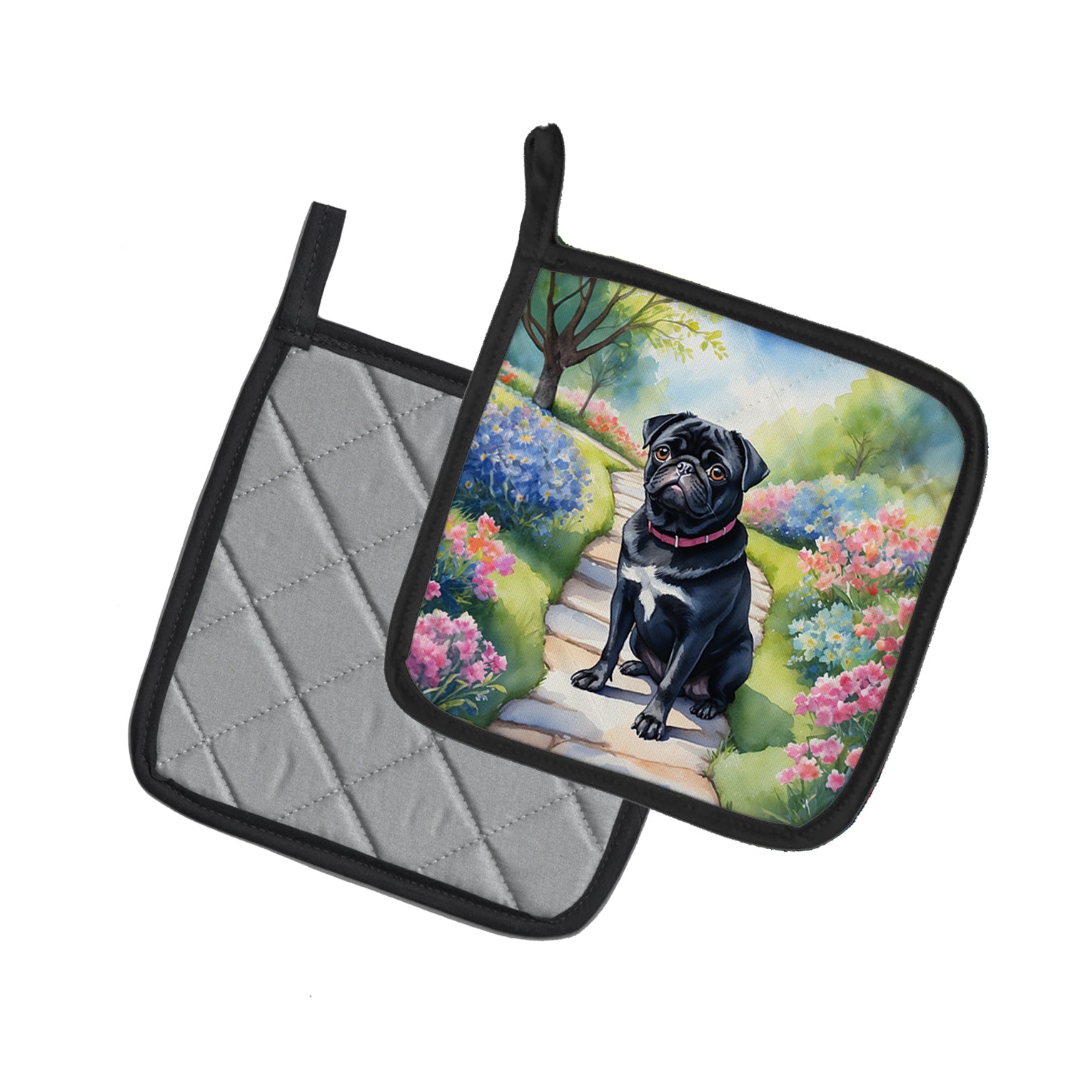 Buy this Black Pug Spring Path Pair of Pot Holders