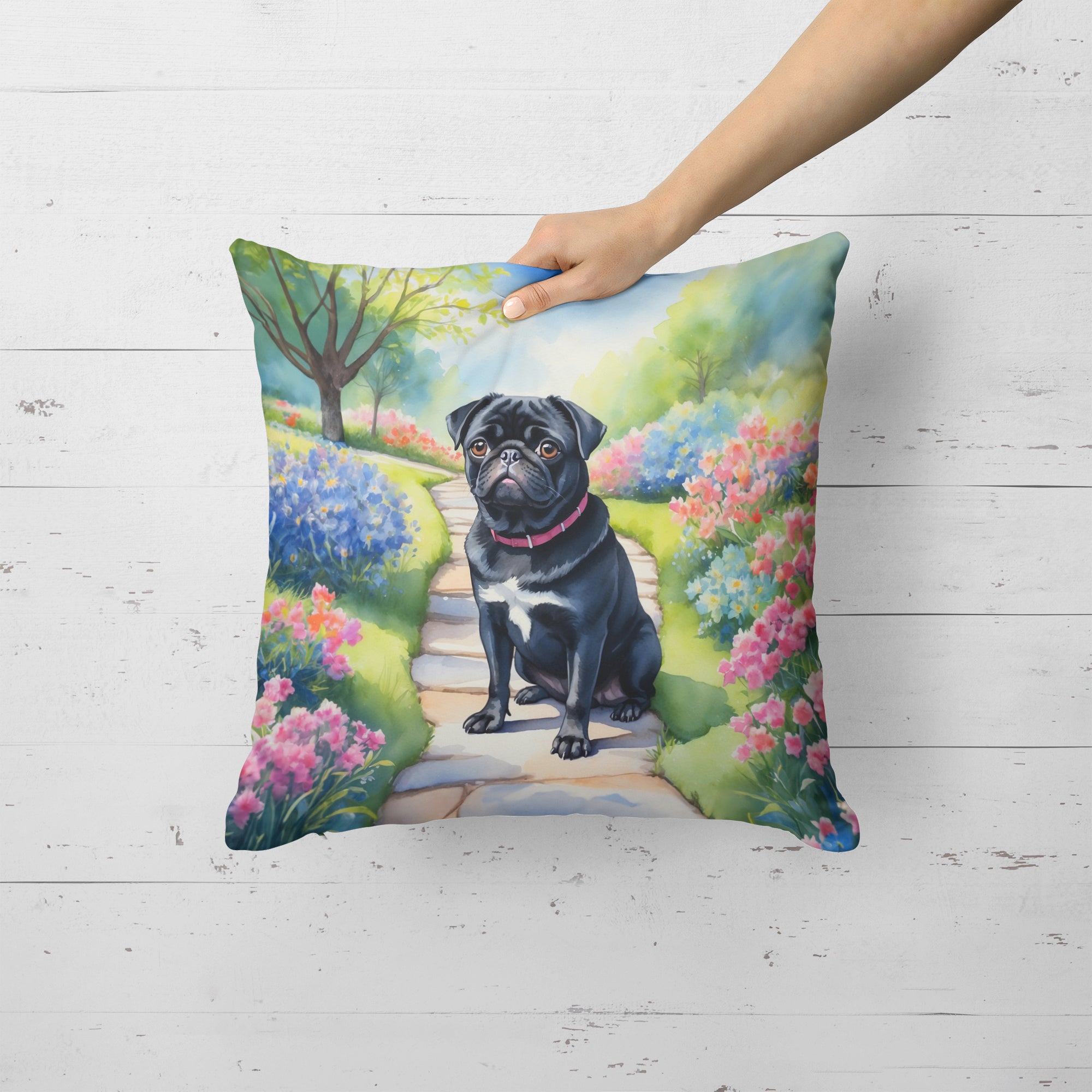 Buy this Black Pug Spring Path Throw Pillow