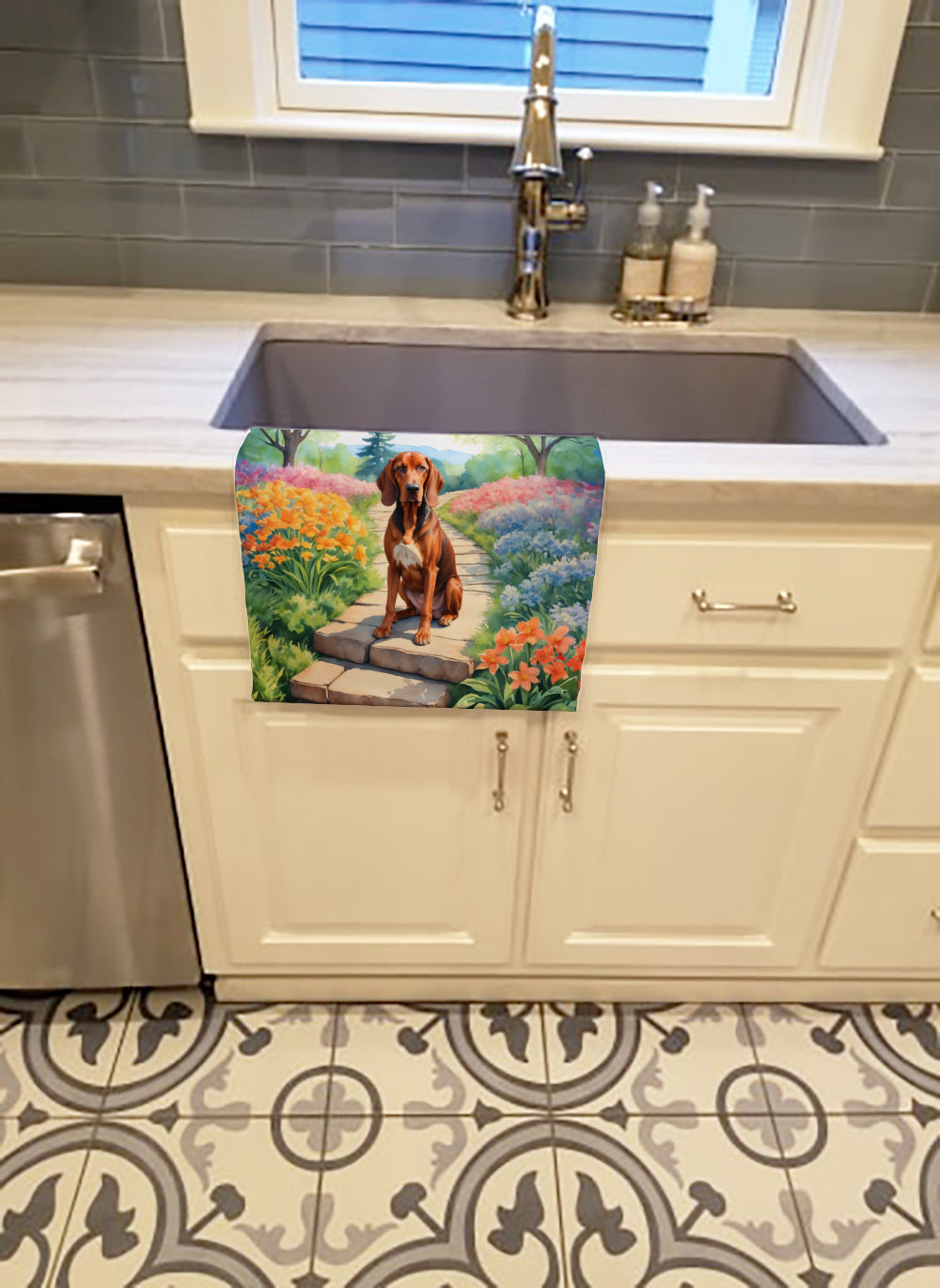 Redbone Coonhound Spring Path Kitchen Towel