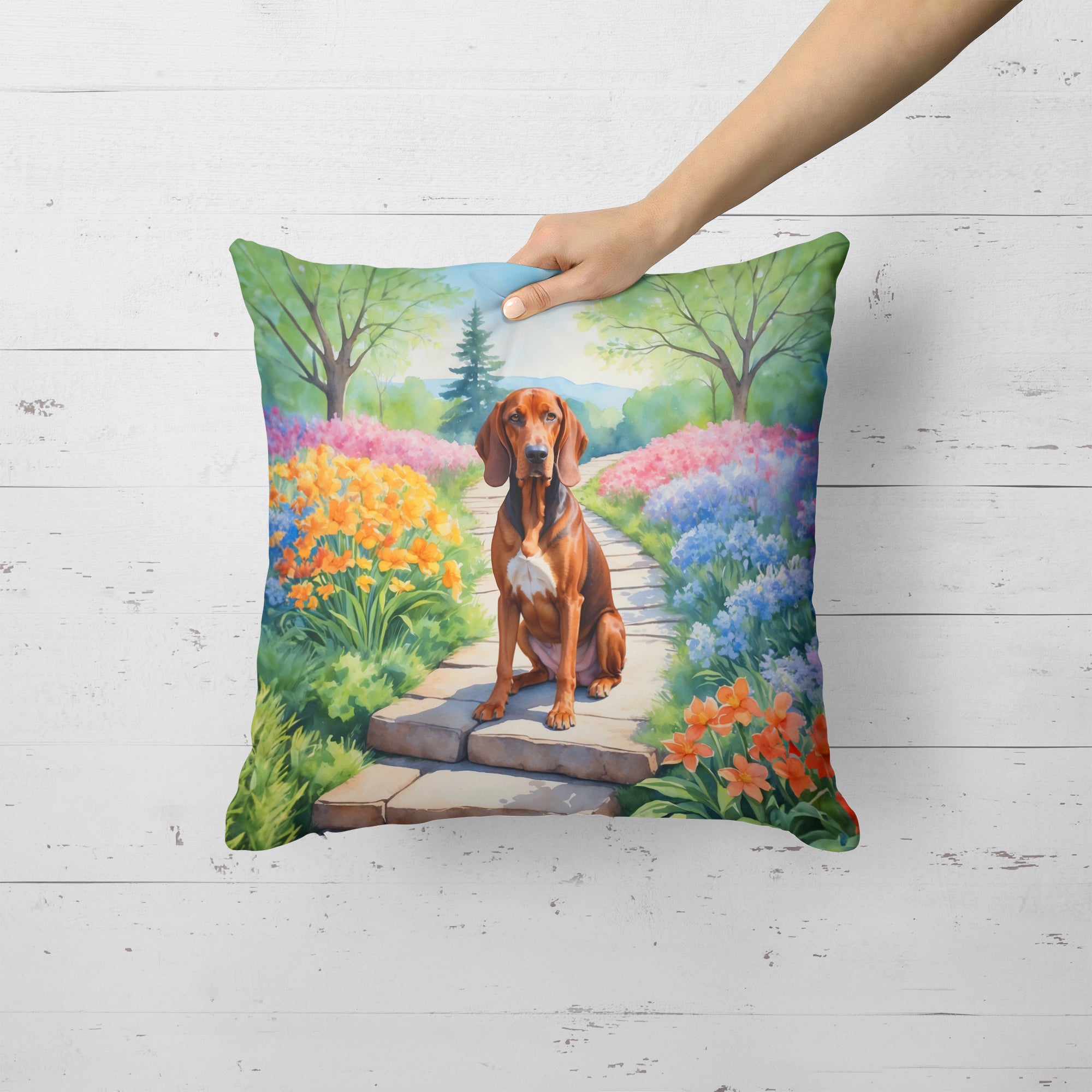 Redbone Coonhound Spring Path Throw Pillow