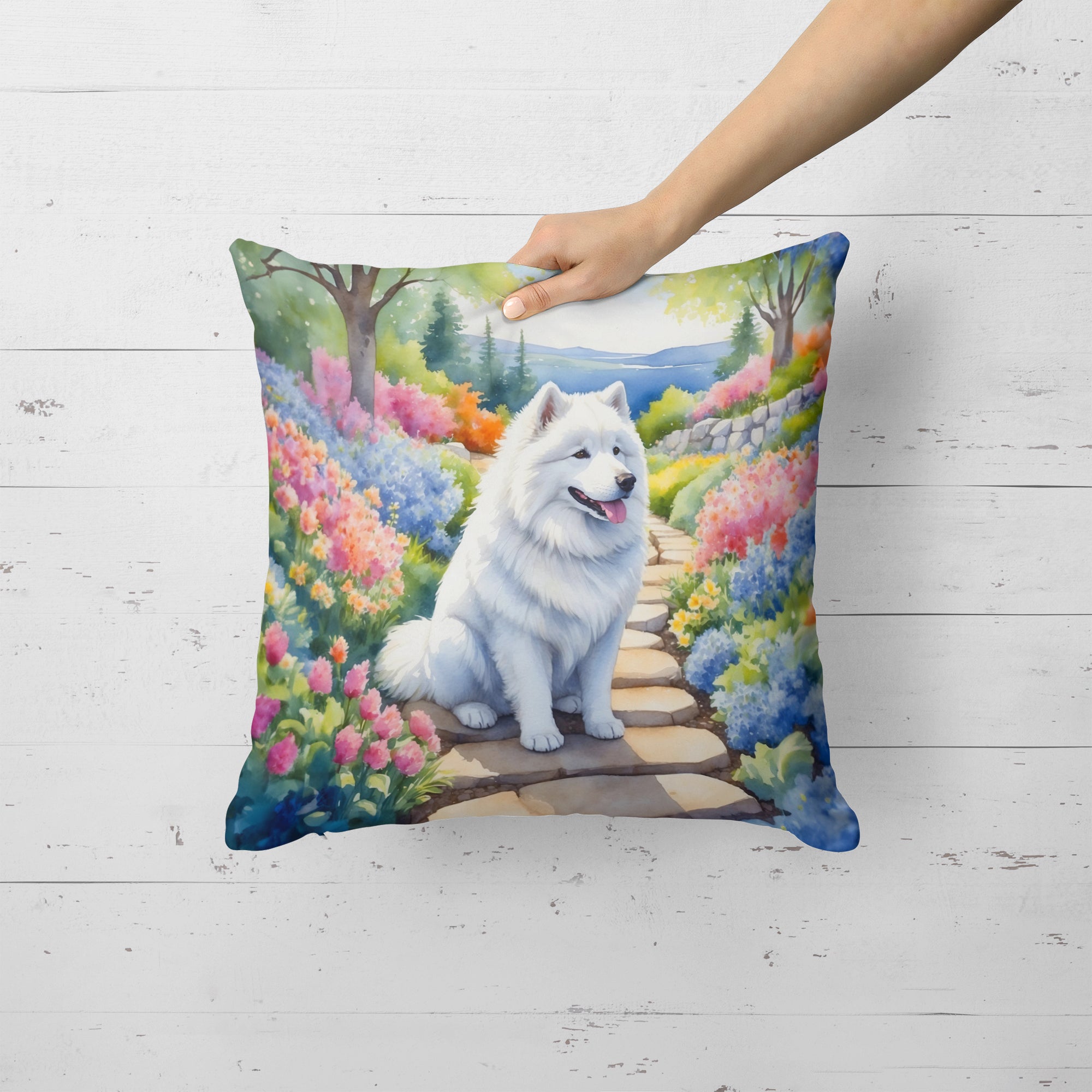 Samoyed Spring Path Throw Pillow