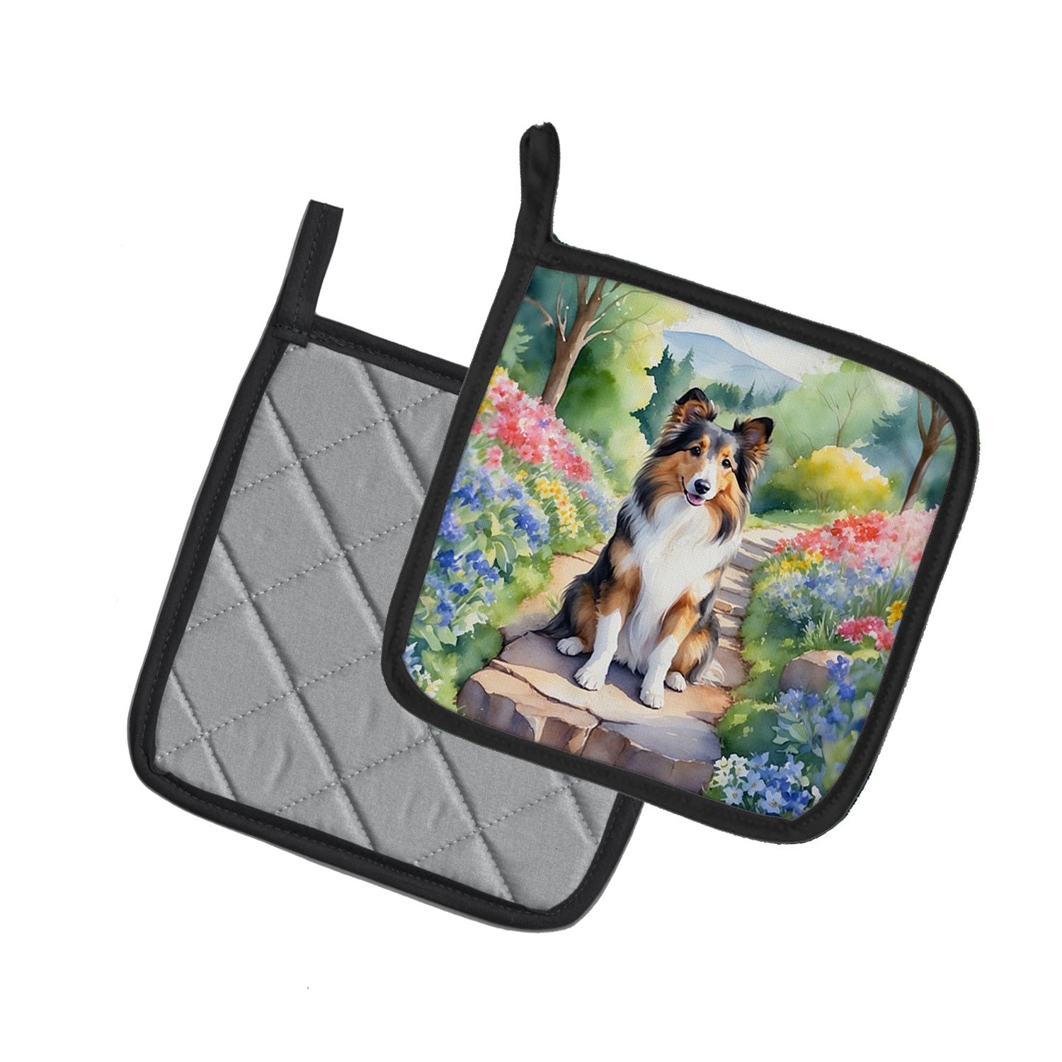 Sheltie Spring Path Pair of Pot Holders