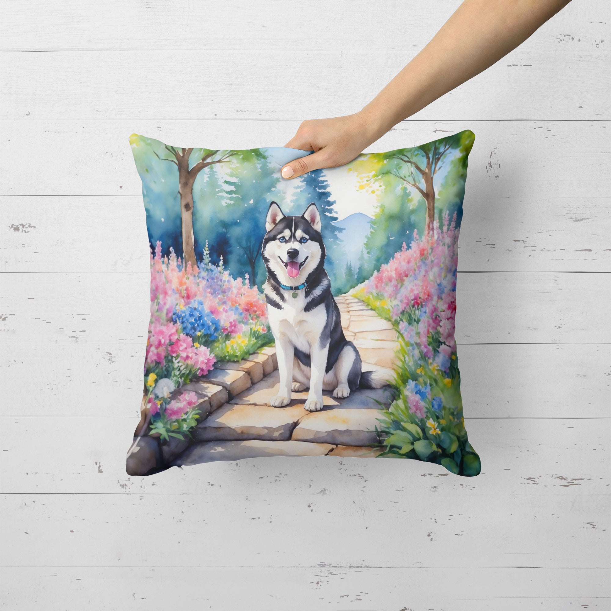 Siberian Husky Spring Path Throw Pillow