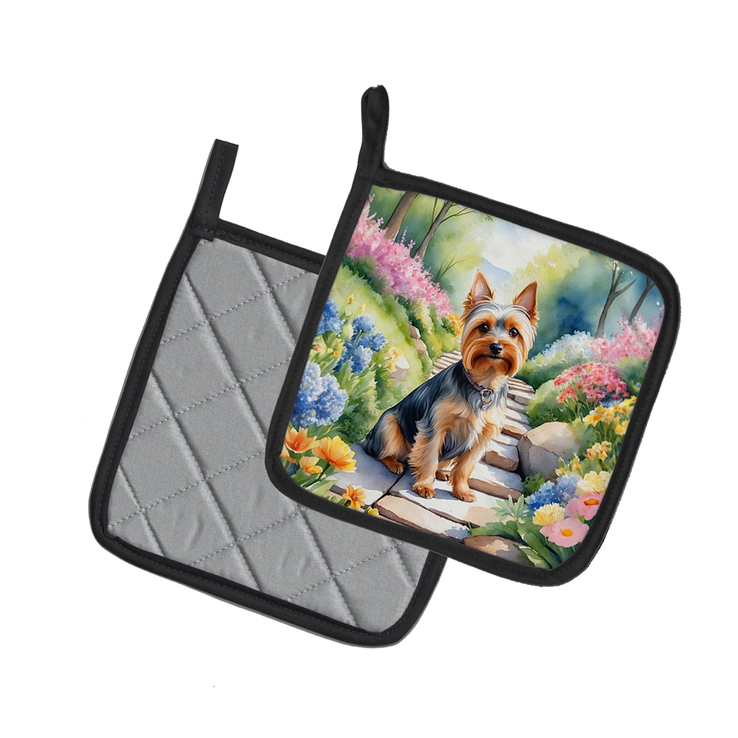 Silky Terrier Spring Path Pair of Pot Holders