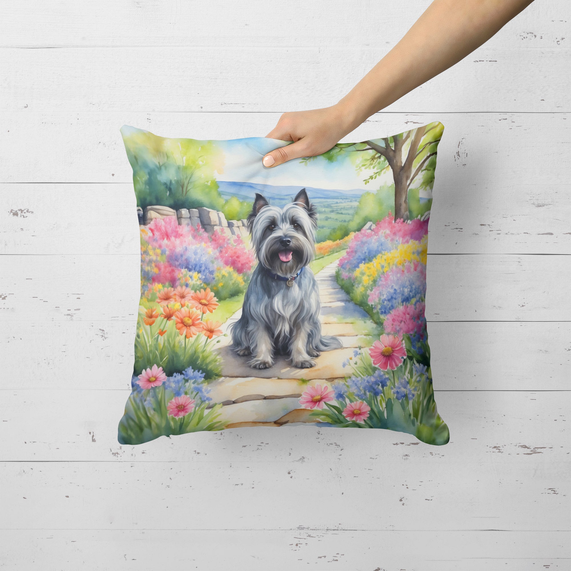 Skye Terrier Spring Path Throw Pillow