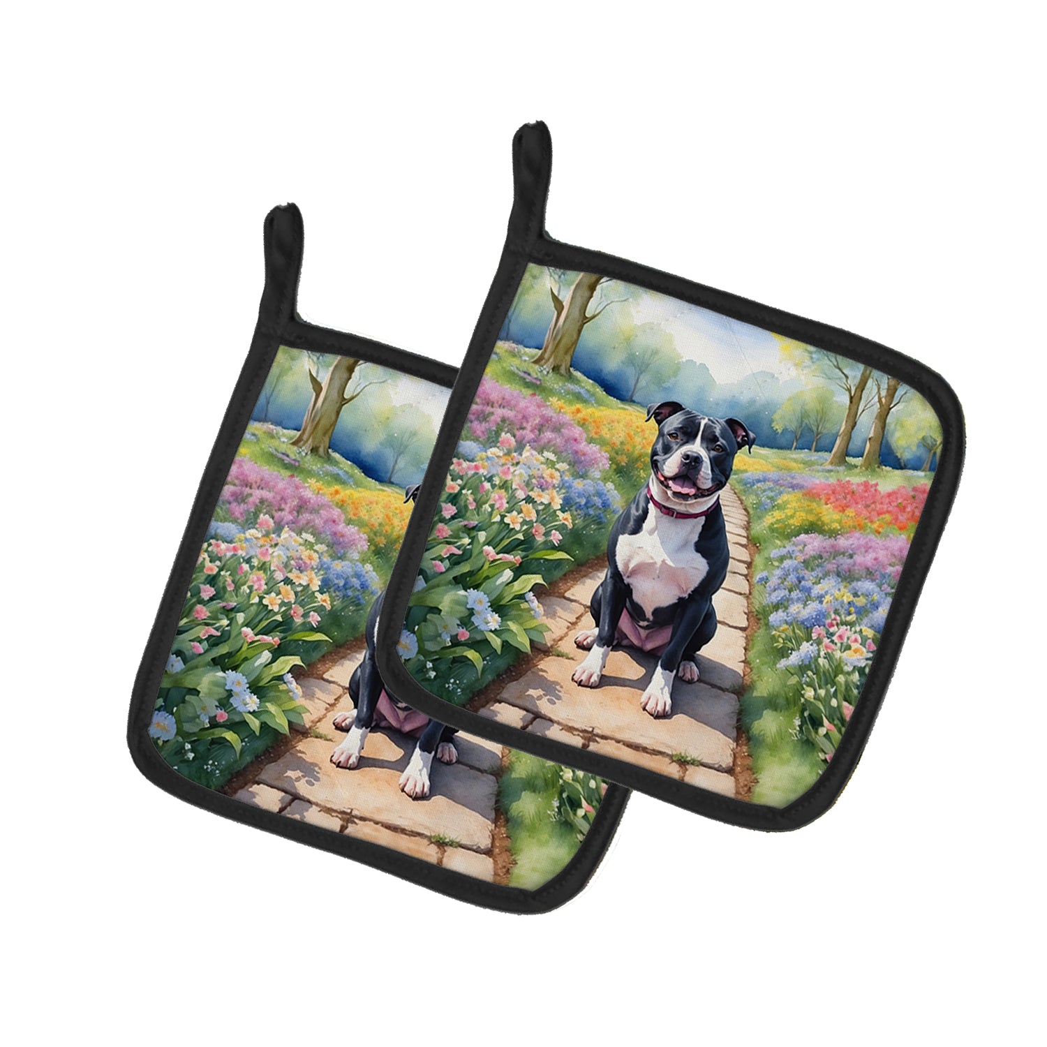 Buy this Staffordshire Bull Terrier Spring Path Pair of Pot Holders