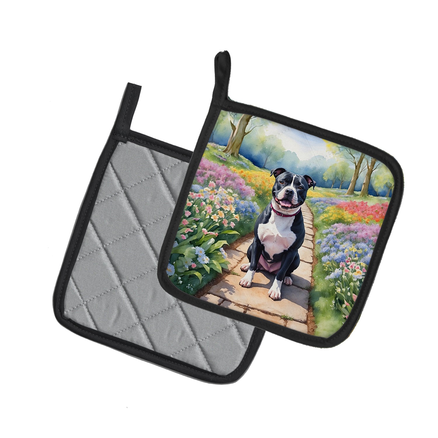 Staffordshire Bull Terrier Spring Path Pair of Pot Holders