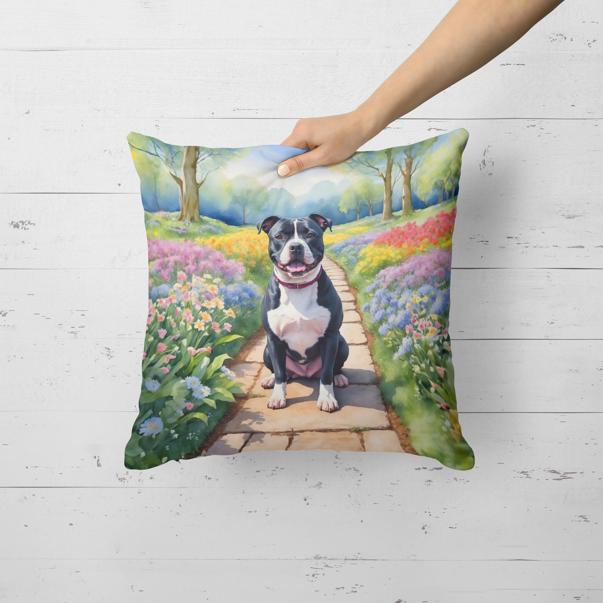 Staffordshire Bull Terrier Spring Path Throw Pillow