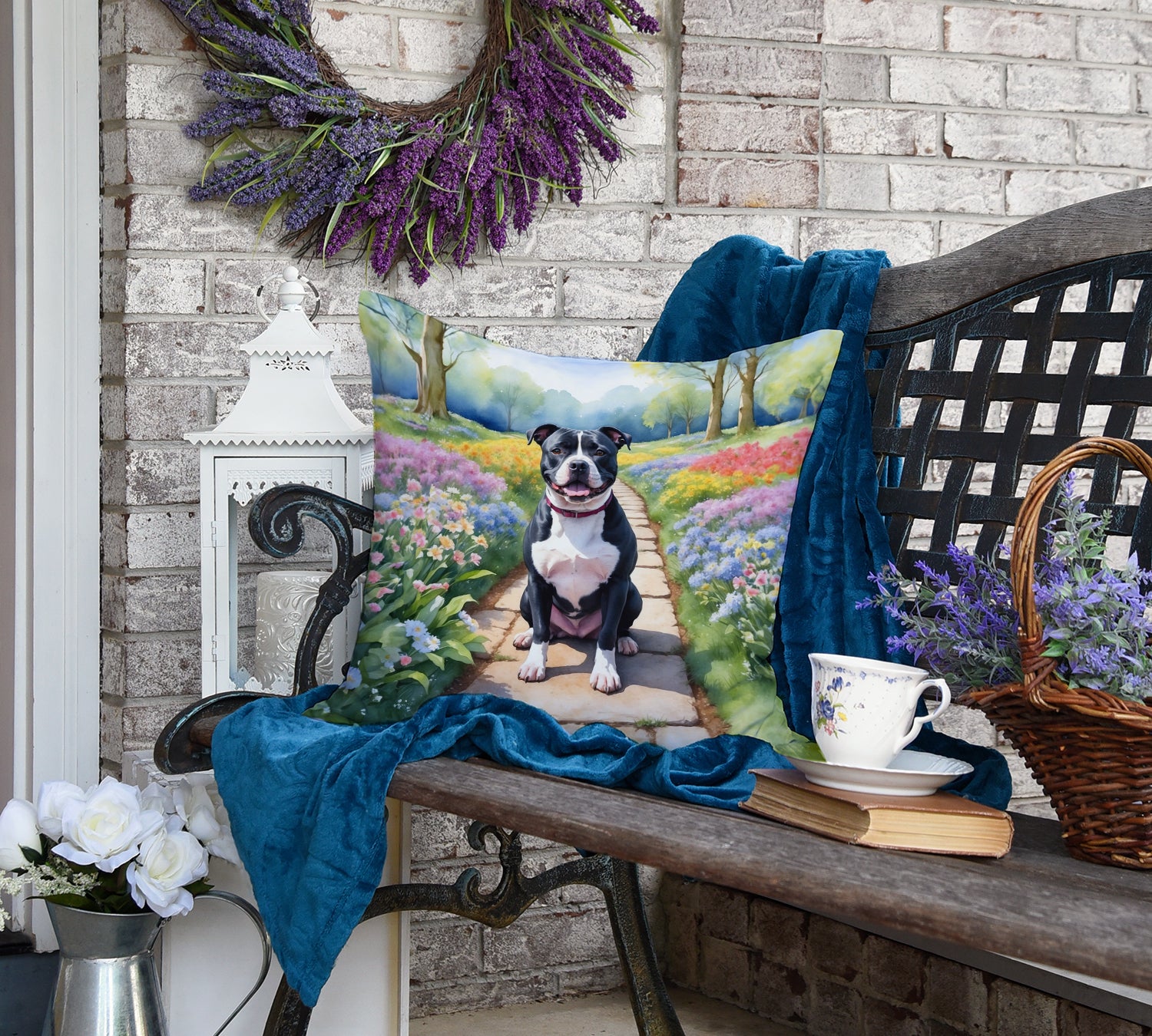 Staffordshire Bull Terrier Spring Path Throw Pillow