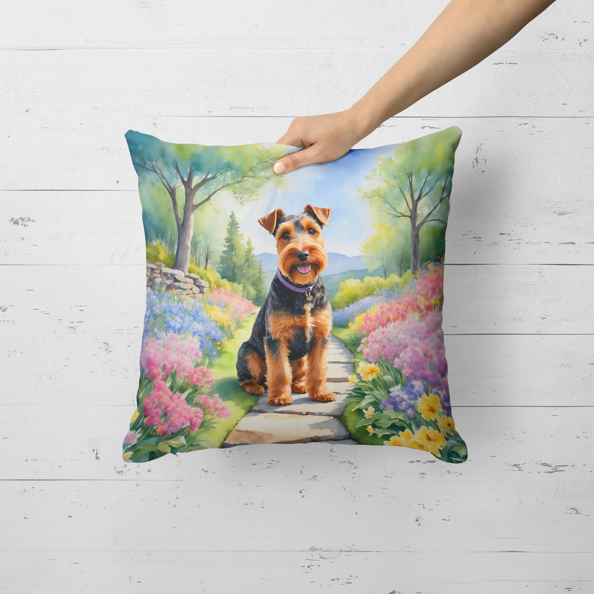 Welsh Terrier Spring Path Throw Pillow