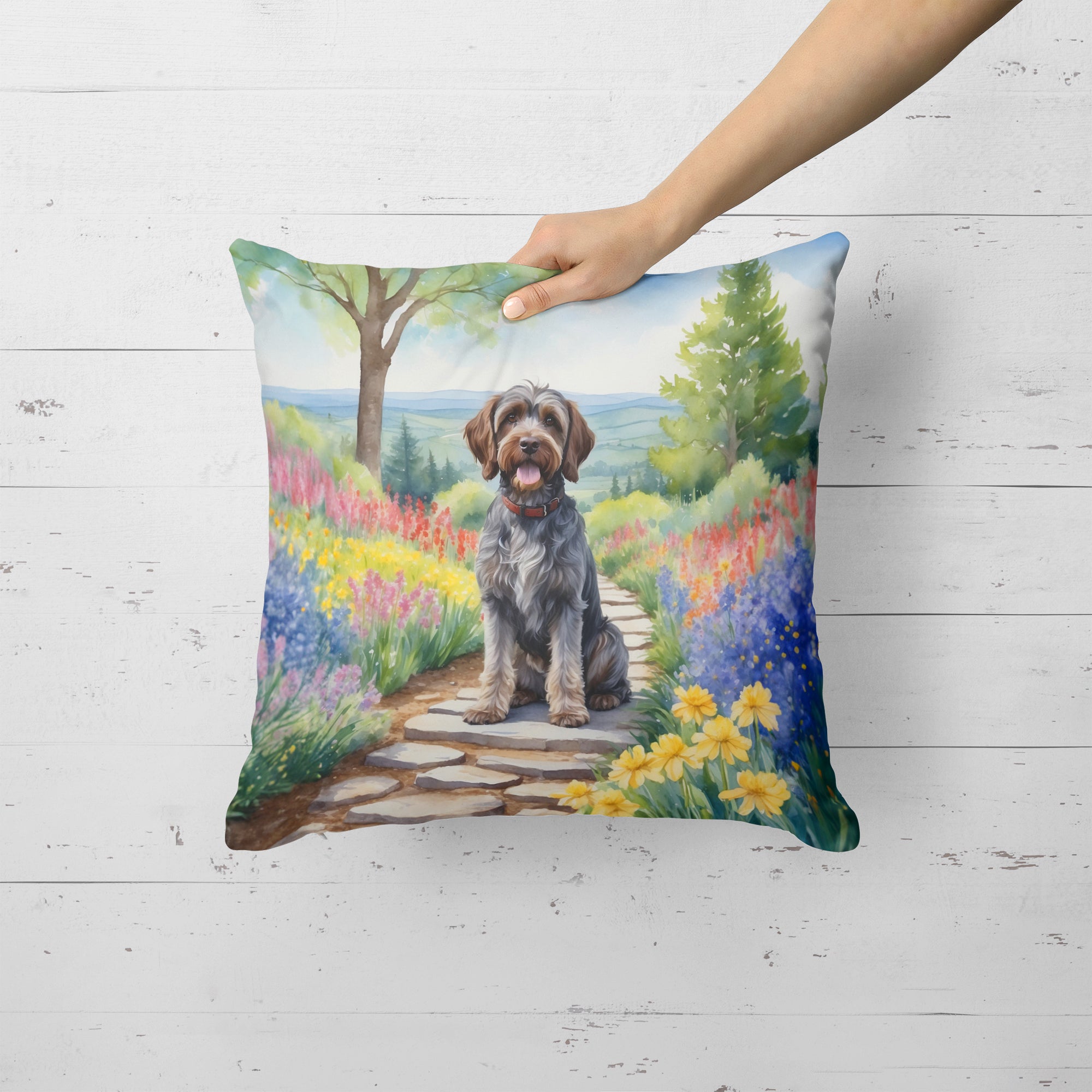 Buy this Wirehaired Pointing Griffon Spring Path Throw Pillow