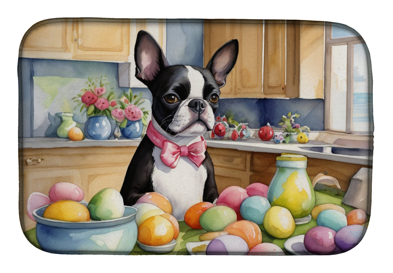 Caroline's Treasures Decorating Easter Boston Terrier Dish Drying Mat