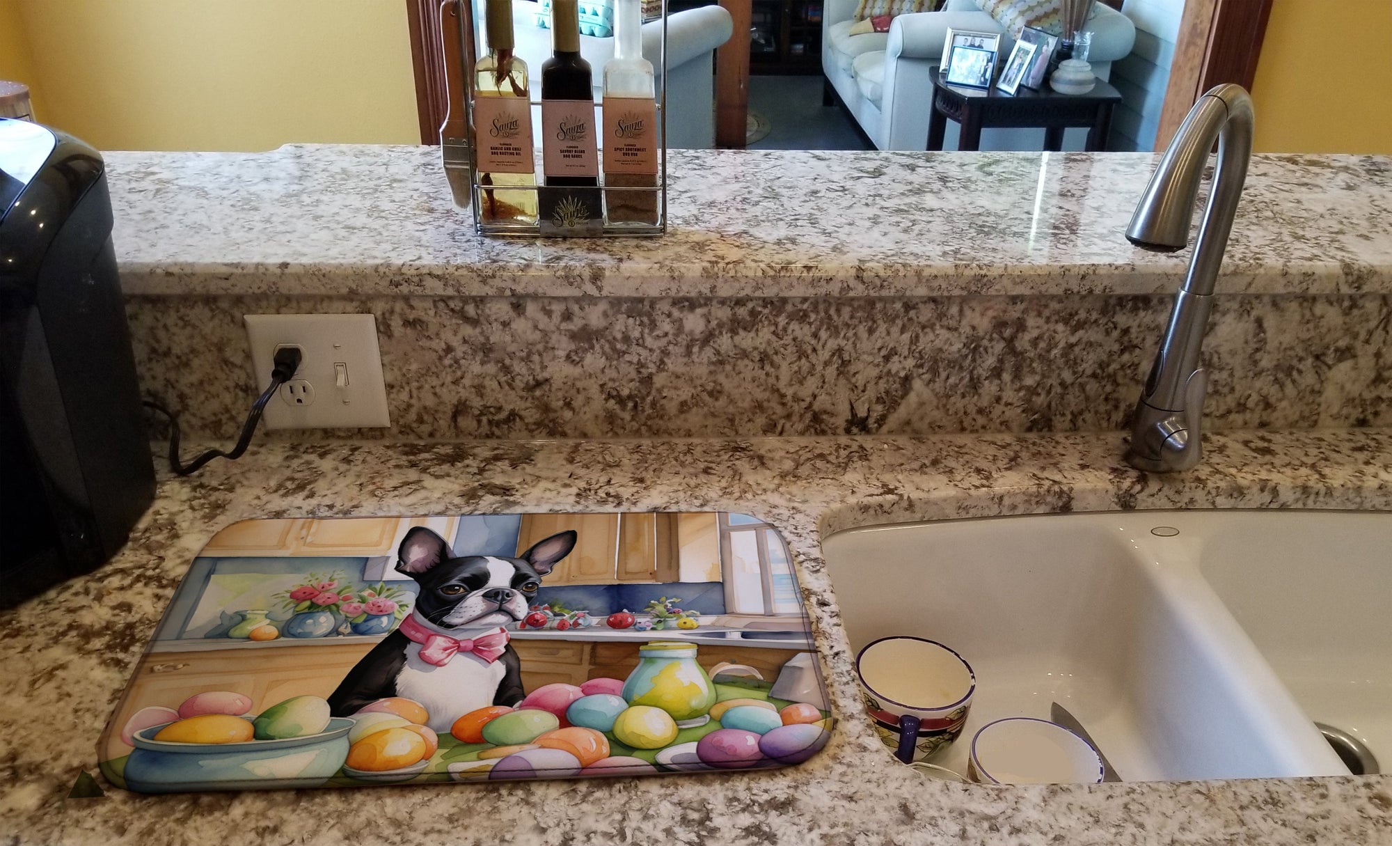 Caroline's Treasures Decorating Easter Boston Terrier Dish Drying Mat