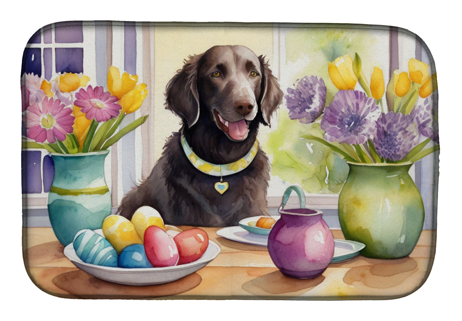 Caroline's Treasures Decorating Easter Curly-Coated Retriever Dish Drying Mat