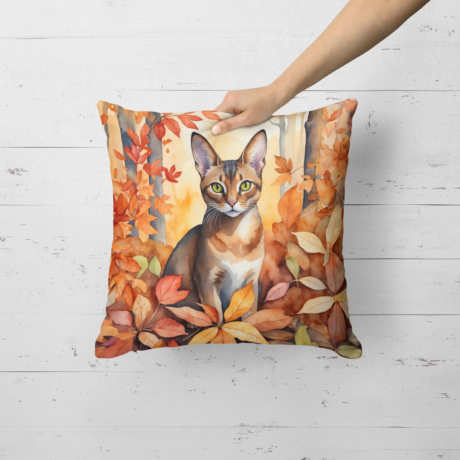 Caroline's Treasures Abyssinian Cat in Fall Leaves Throw Pillow