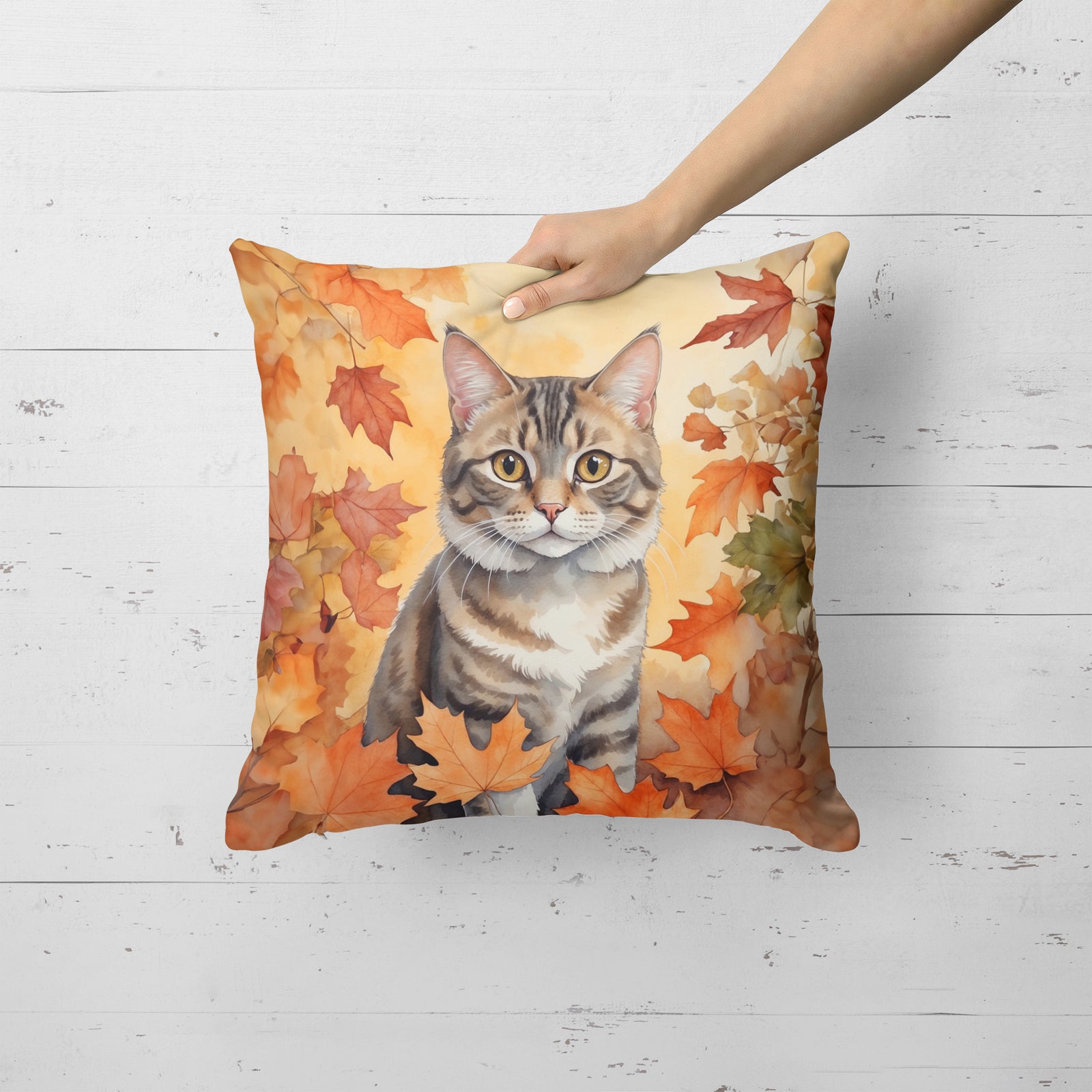 Caroline's Treasures American Bobtail Cat in Fall Leaves Throw Pillow