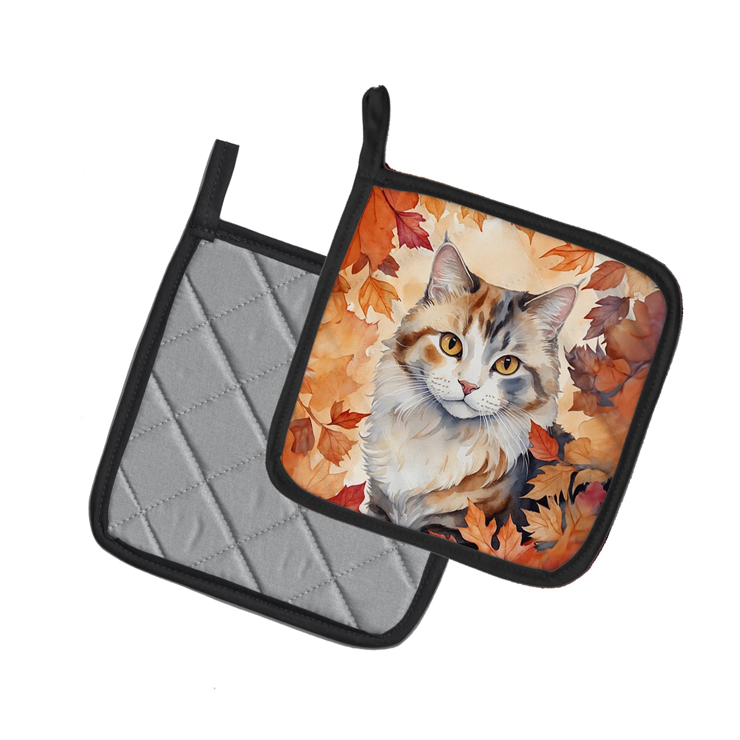 Caroline's Treasures American Curl Cat in Fall Leaves Pot Holders - Set of 2 Decorative Kitchen Helpers | Made in the USA