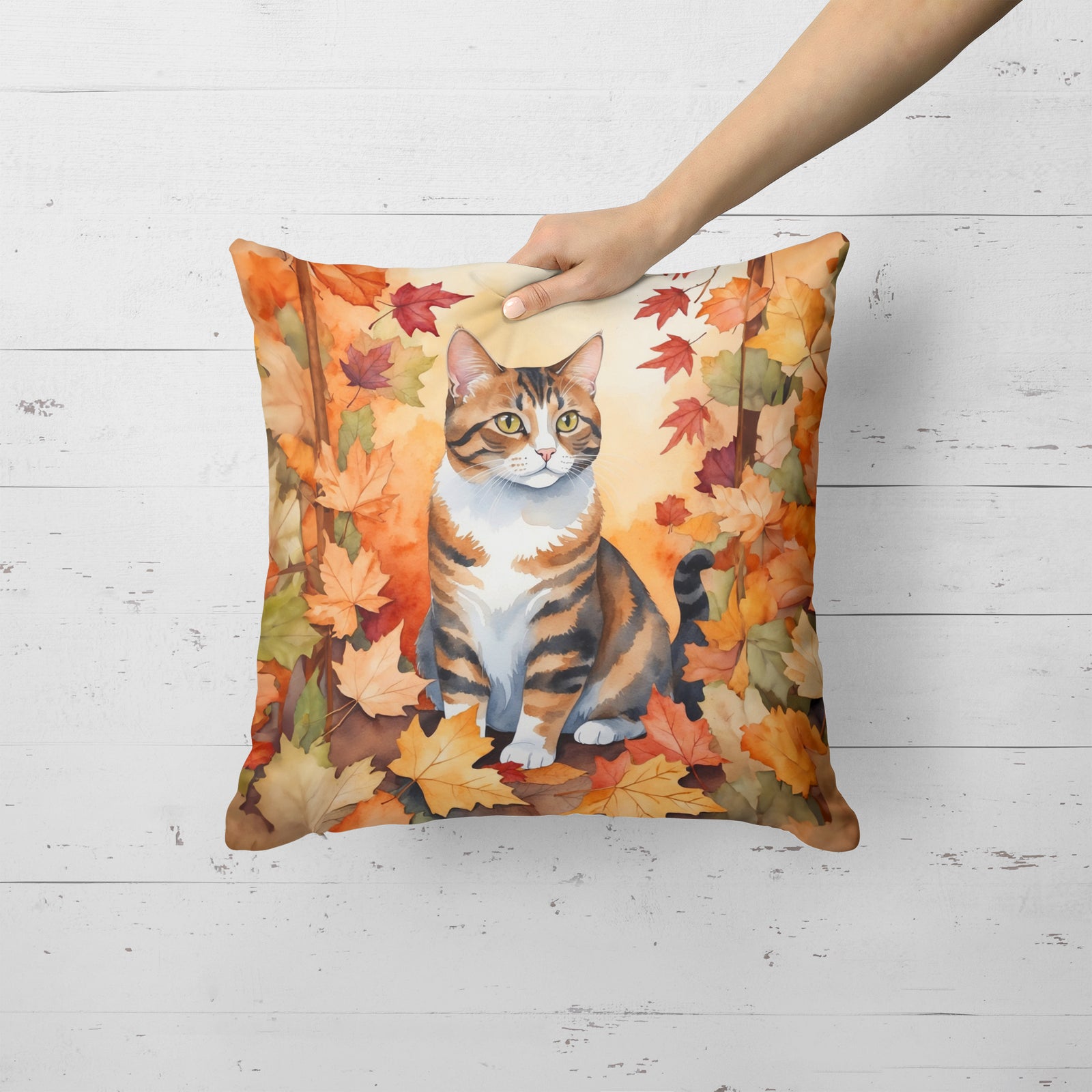 Caroline's Treasures American Polydactyl Cat in Fall Leaves Throw Pillow