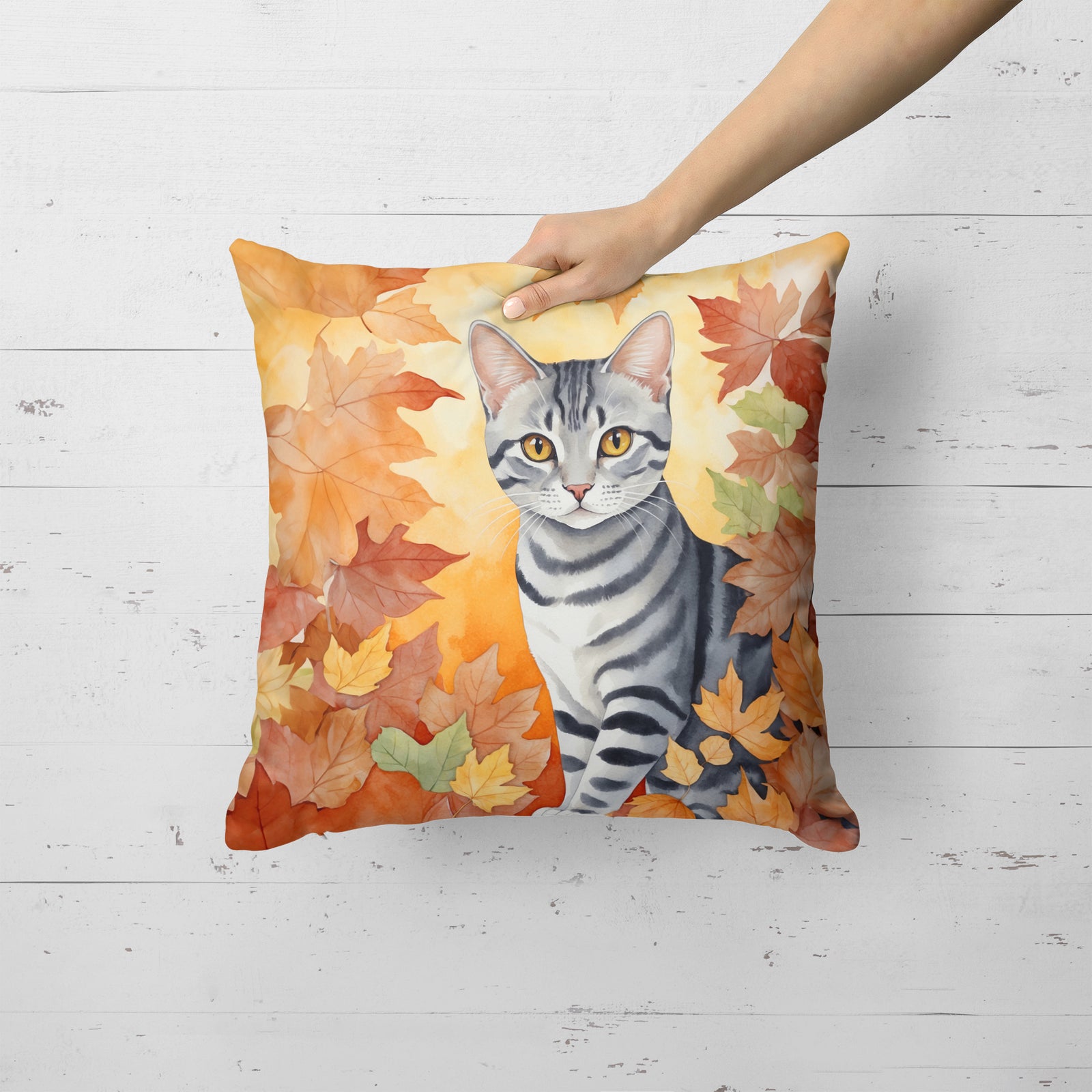 Caroline's Treasures American Shorthair Cat in Fall Leaves Throw Pillow