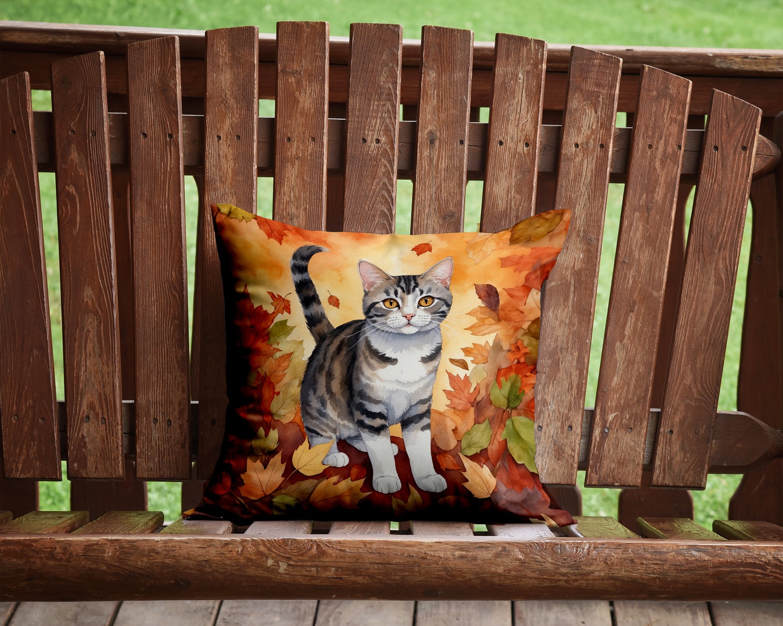 Caroline's Treasures American Wirehair Cat in Fall Leaves Throw Pillow - 14x14 Decorative Pillow – Art for Your Home & Patio