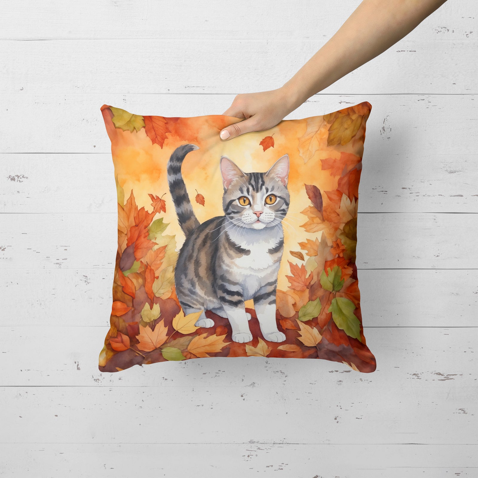 Caroline's Treasures American Wirehair Cat in Fall Leaves Throw Pillow