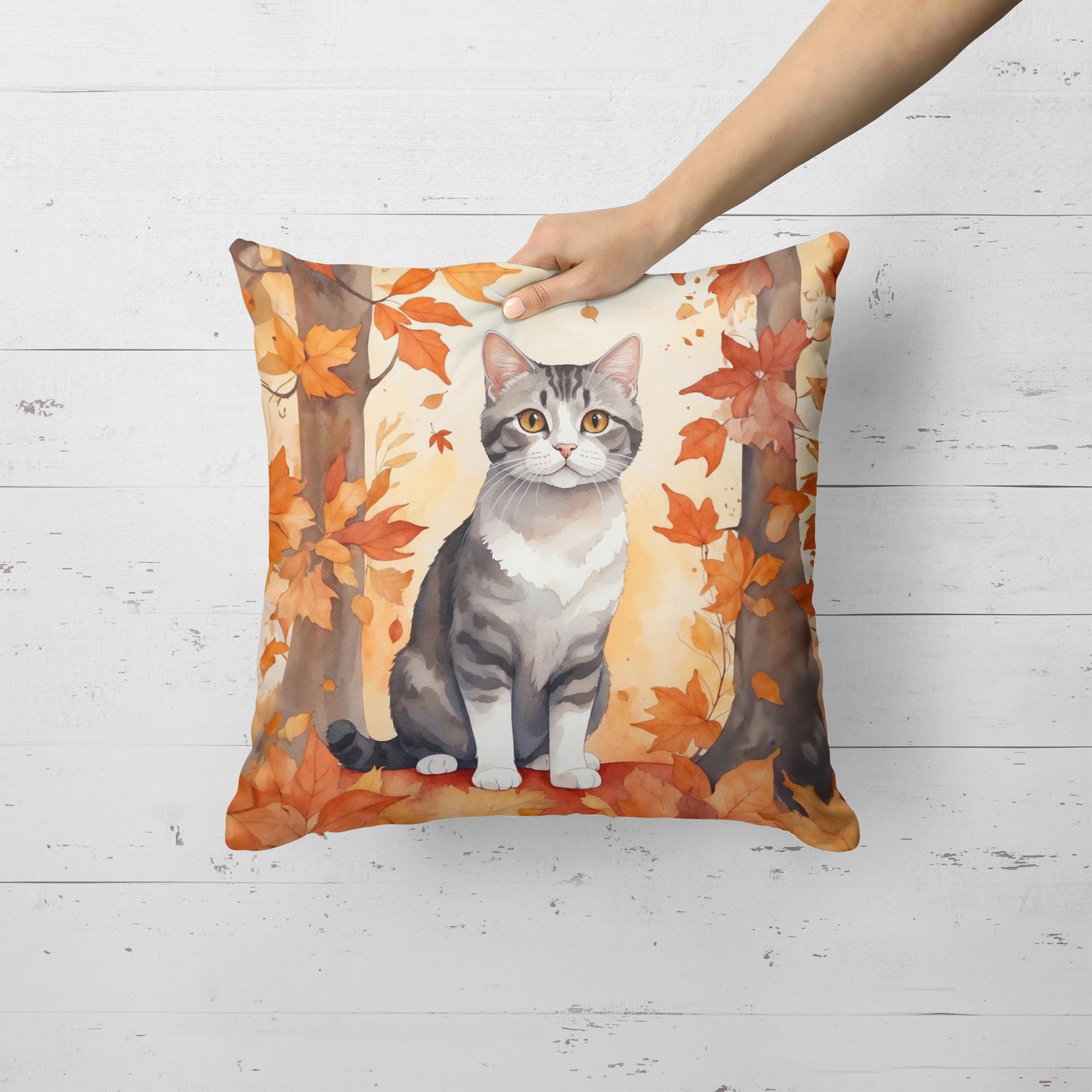 Caroline's Treasures American Wirehair Cat in Fall Leaves Throw Pillow