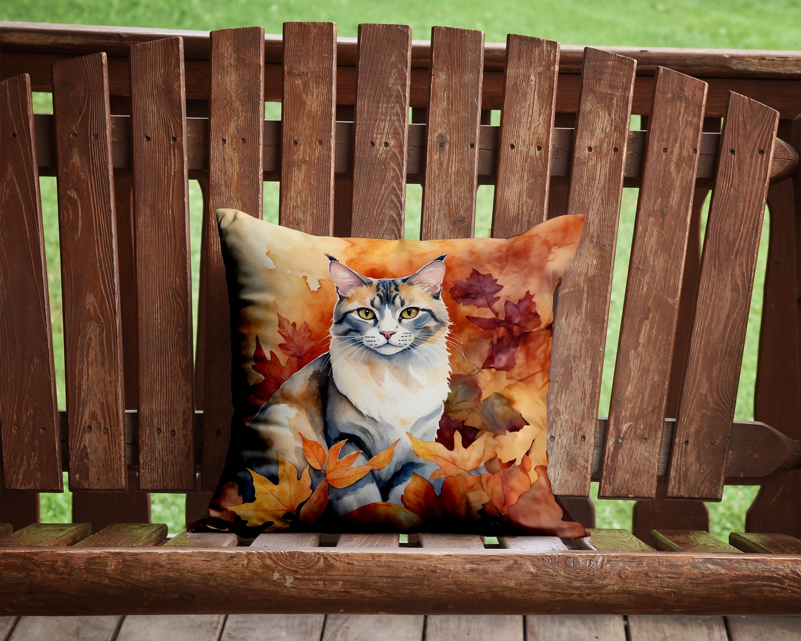 Caroline's Treasures Aphrodite Giant Cat in Fall Leaves Throw Pillow - 14x14 Decorative Pillow – Art for Your Home & Patio