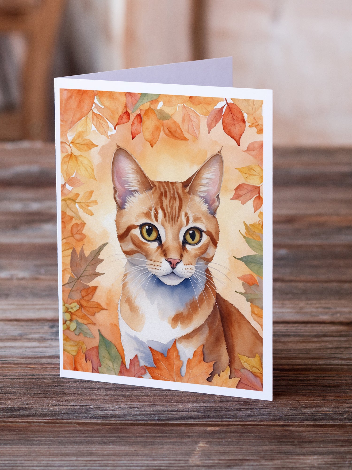 Caroline's Treasures Arabian Mau Cat in Fall Leaves Greeting Cards - Blank Note Cards – 8-Pack of Artist-Designed Cards with Envelopes