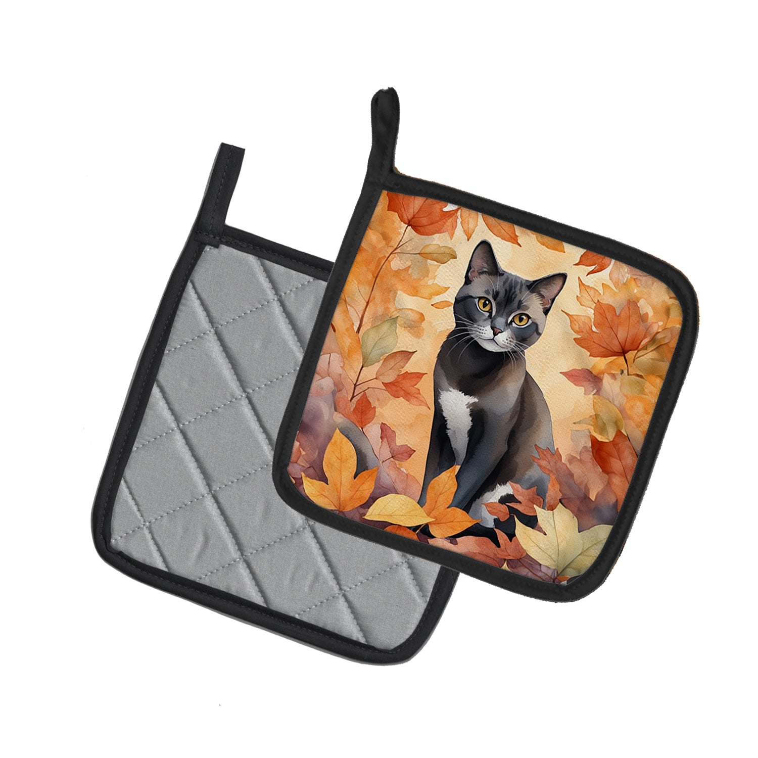 Caroline's Treasures Asian Cat in Fall Leaves Pot Holders - Set of 2 Decorative Kitchen Helpers | Made in the USA