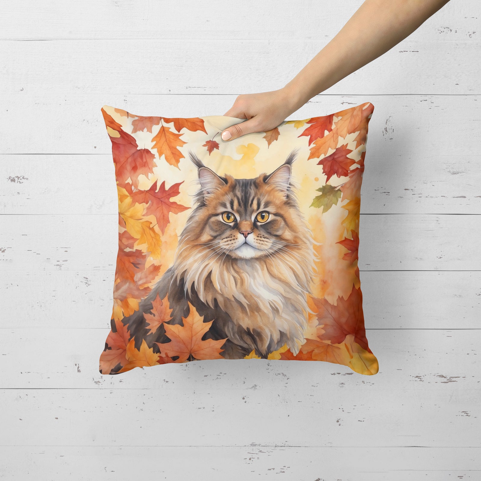 Caroline's Treasures British Longhair Cat in Fall Leaves Throw Pillow