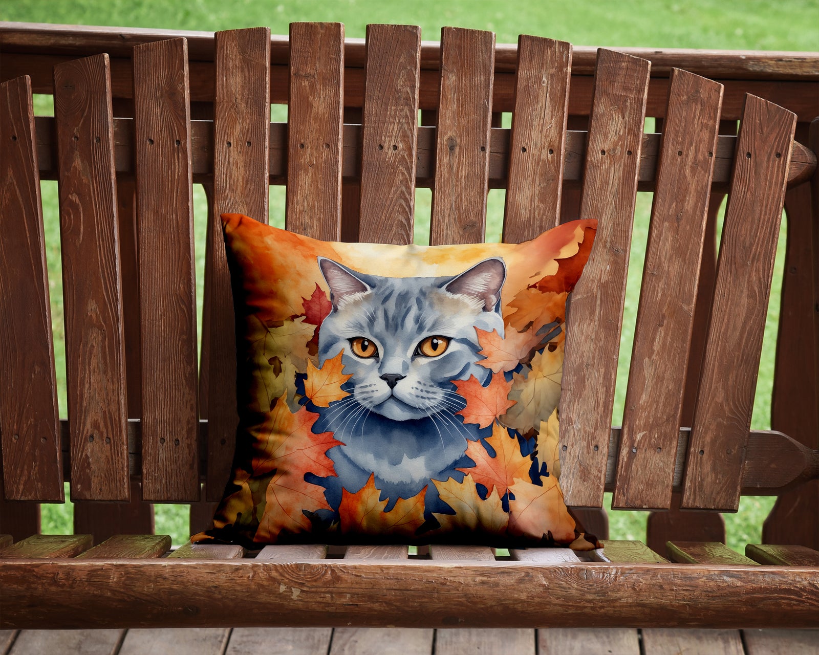 Caroline's Treasures British Shorthair Cat in Fall Leaves Throw Pillow - 14x14 Decorative Pillow – Art for Your Home & Patio