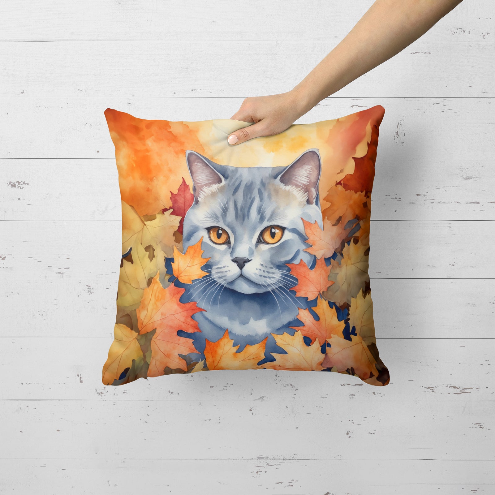 Caroline's Treasures British Shorthair Cat in Fall Leaves Throw Pillow