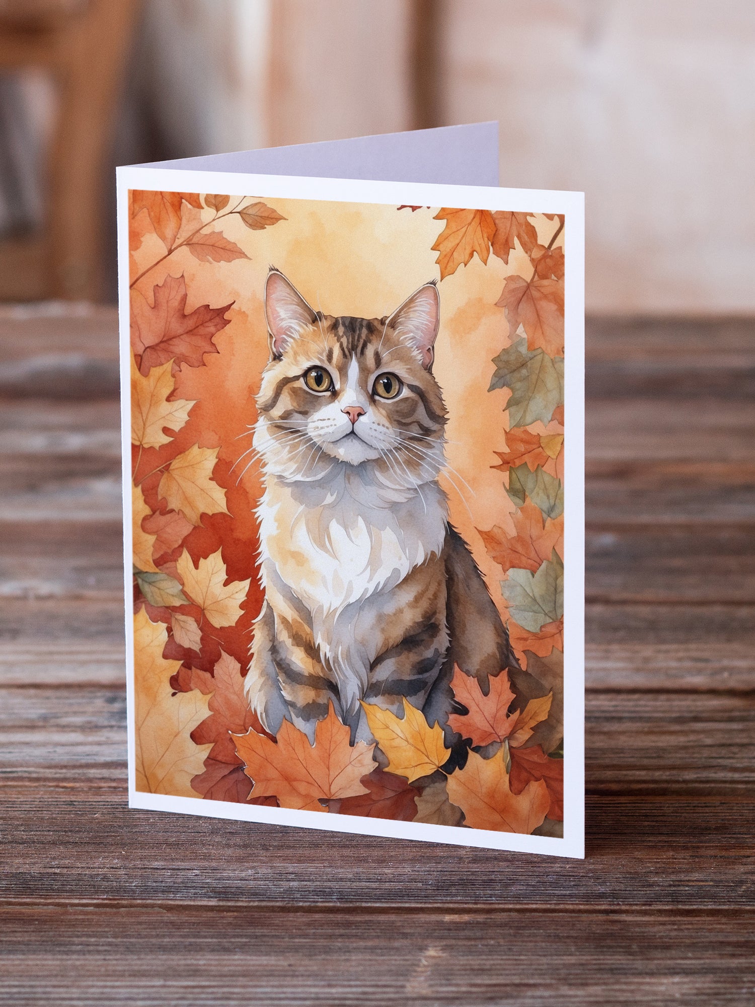 Caroline's Treasures Chantilly Tiffany Cat in Fall Leaves Greeting Cards - Blank Note Cards – 8-Pack of Artist-Designed Cards with Envelopes