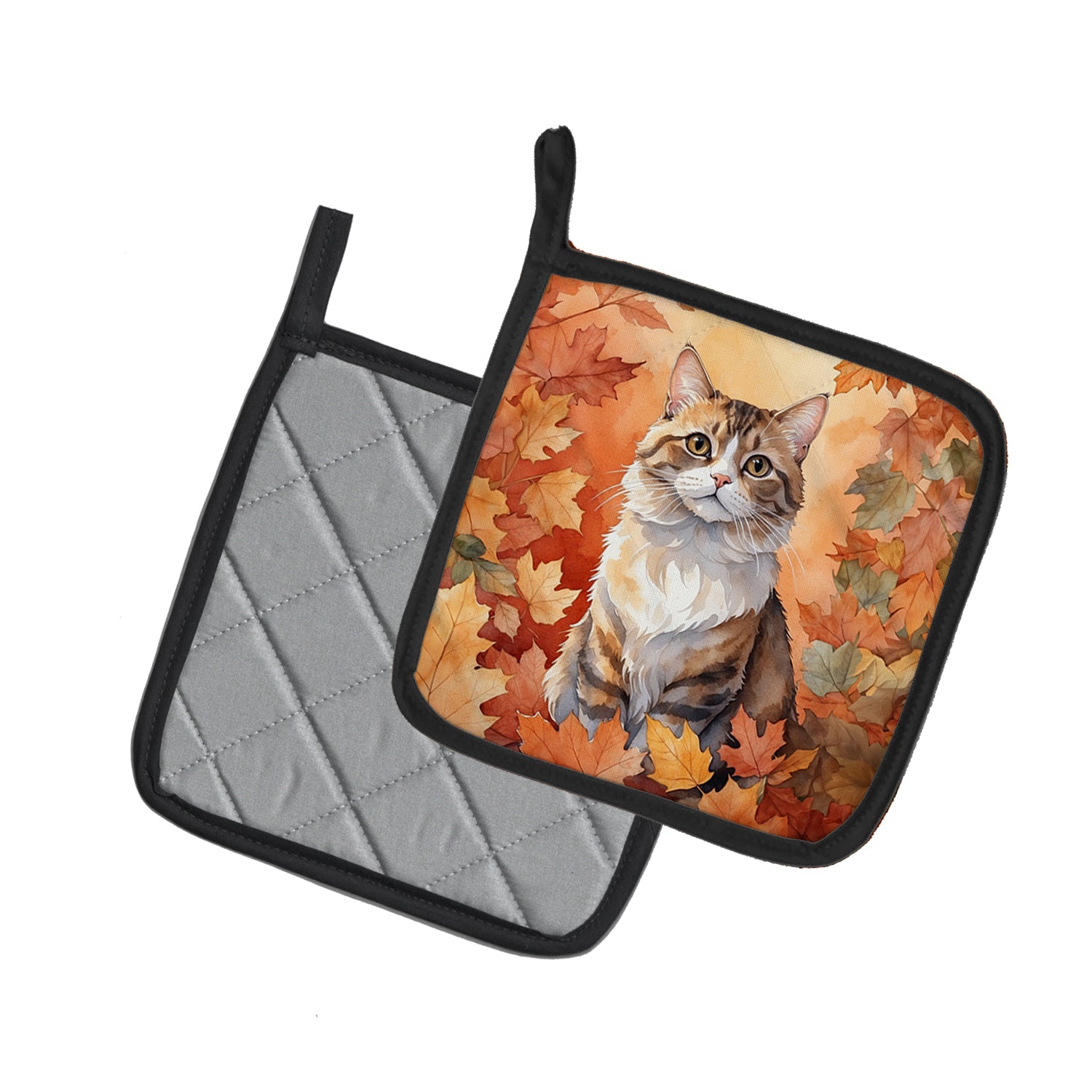 Caroline's Treasures Chantilly Tiffany Cat in Fall Leaves Pot Holders - Set of 2 Decorative Kitchen Helpers | Made in the USA