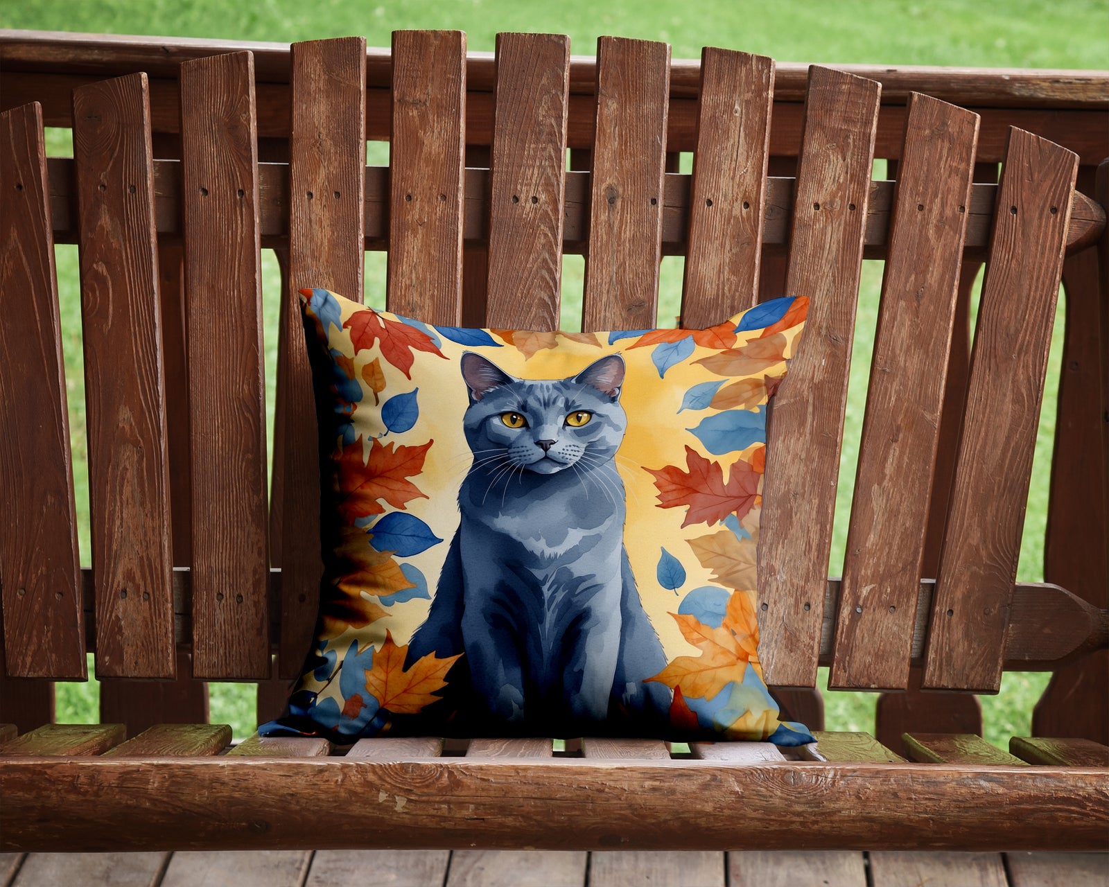 Caroline's Treasures Chartreux Cat in Fall Leaves Throw Pillow - 14x14 Decorative Pillow – Art for Your Home & Patio