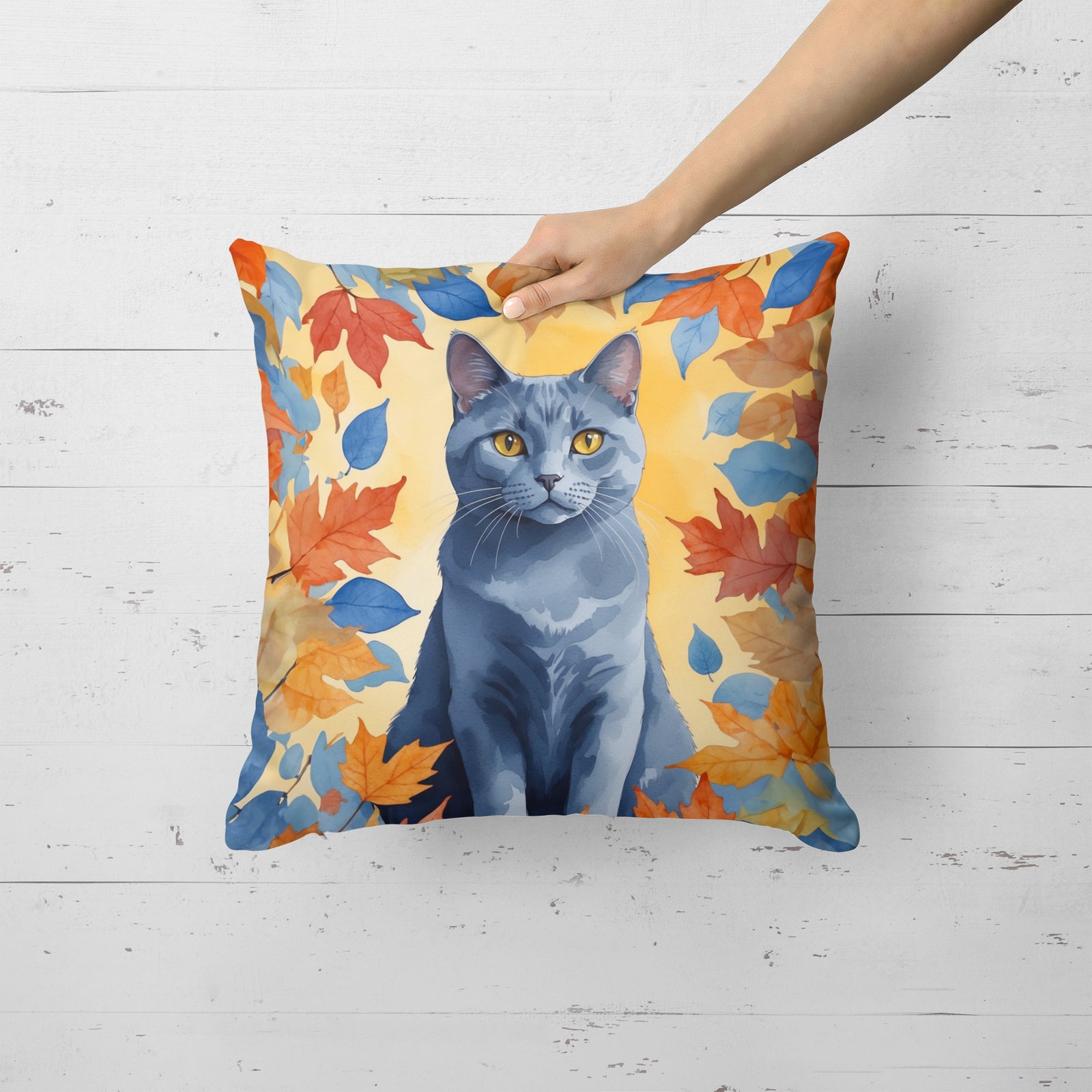 Caroline's Treasures Chartreux Cat in Fall Leaves Throw Pillow