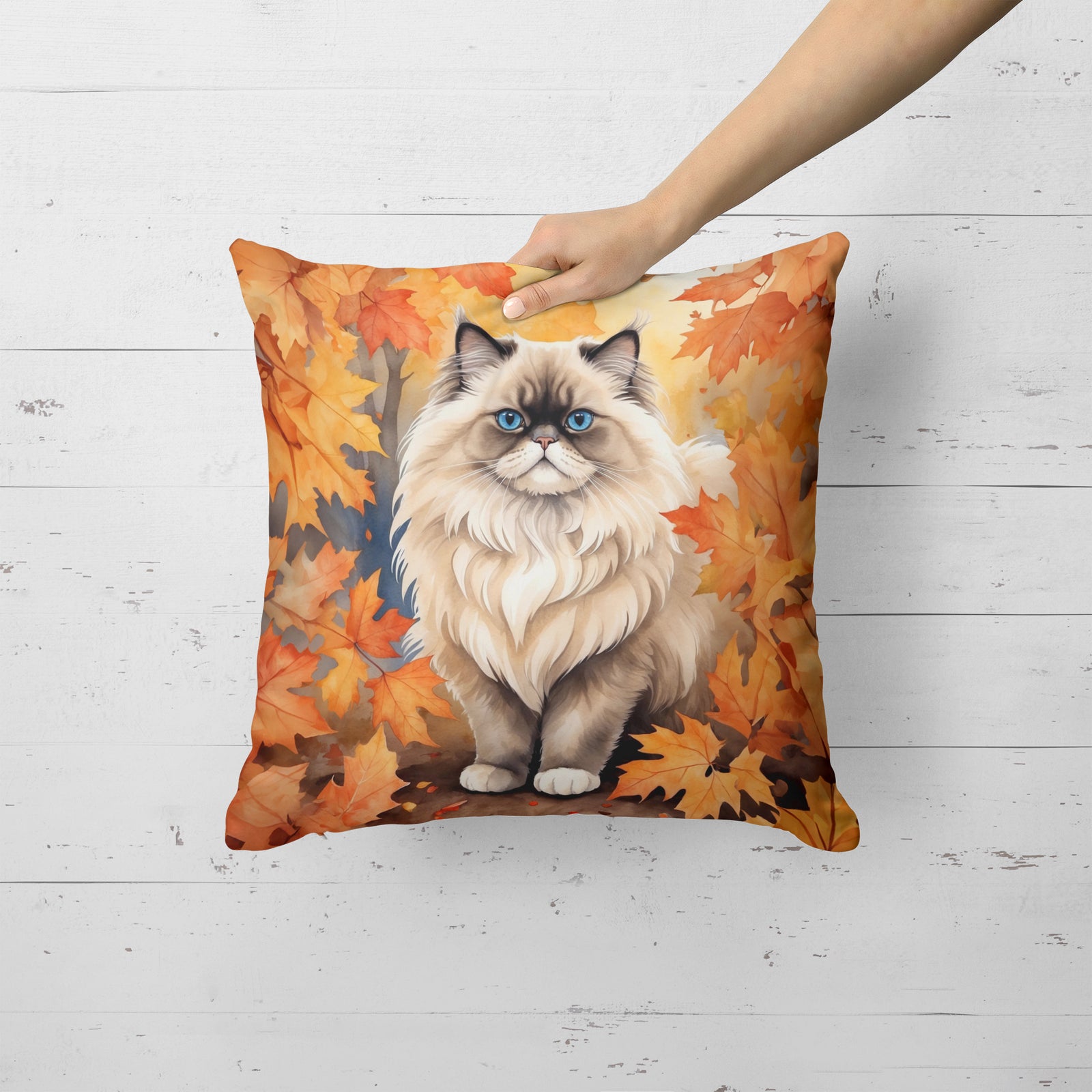Caroline's Treasures Colorpoint Longhair Cat in Fall Leaves Throw Pillow