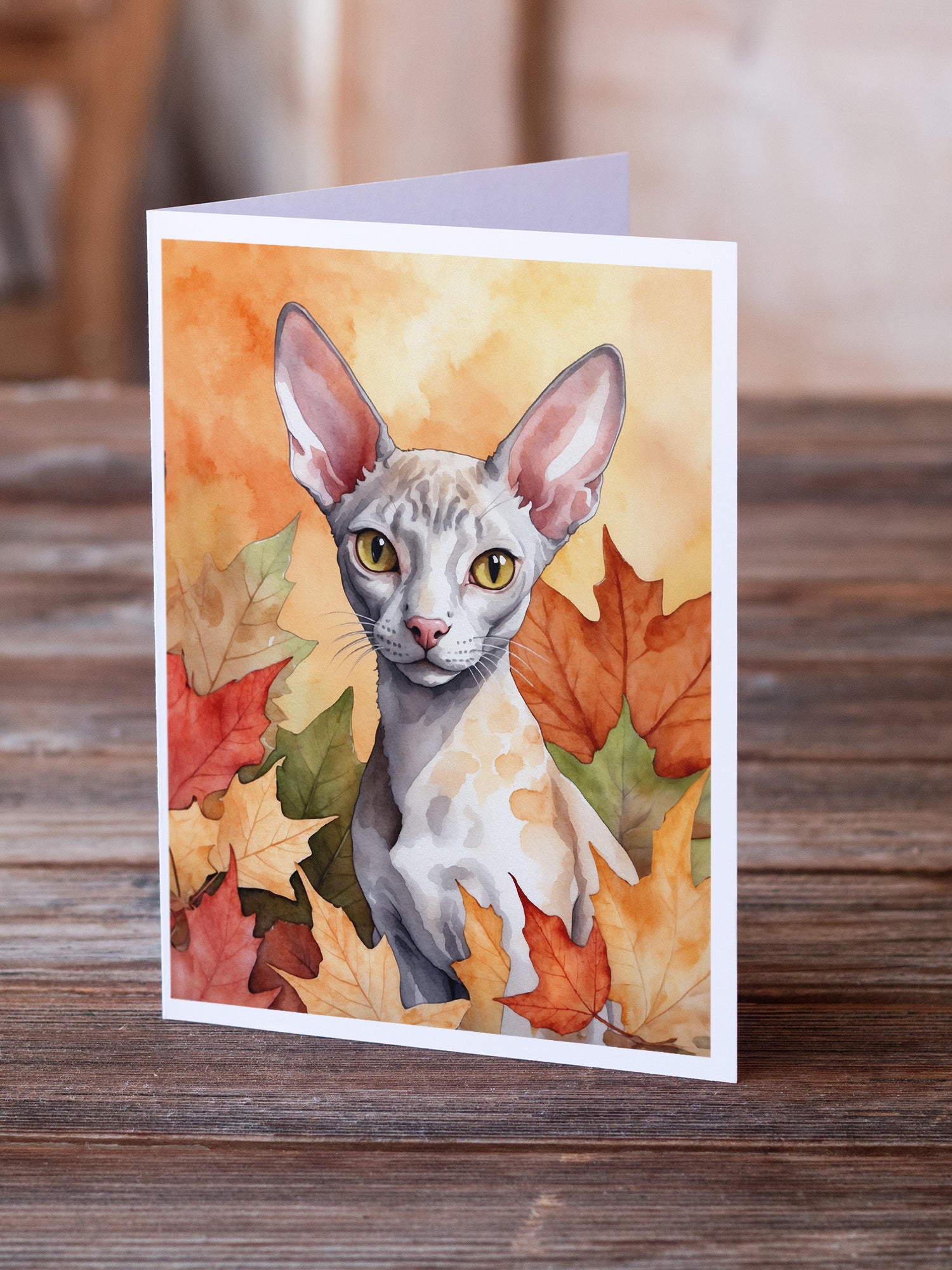 Caroline's Treasures Cornish Rex Cat in Fall Leaves Greeting Cards - Blank Note Cards – 8-Pack of Artist-Designed Cards with Envelopes