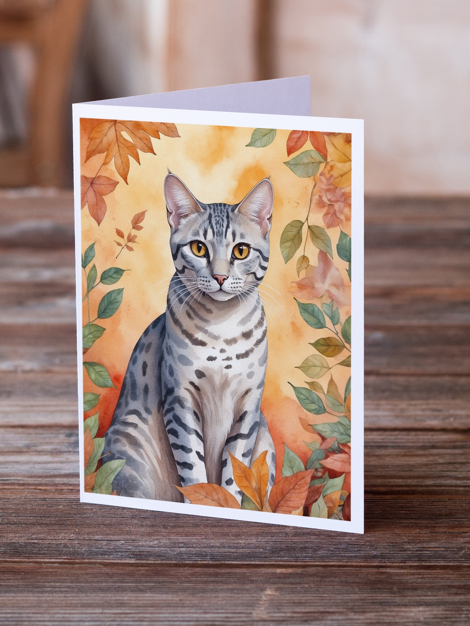 Caroline's Treasures Egyptian Mau Cat in Fall Leaves Greeting Cards - Blank Note Cards – 8-Pack of Artist-Designed Cards with Envelopes