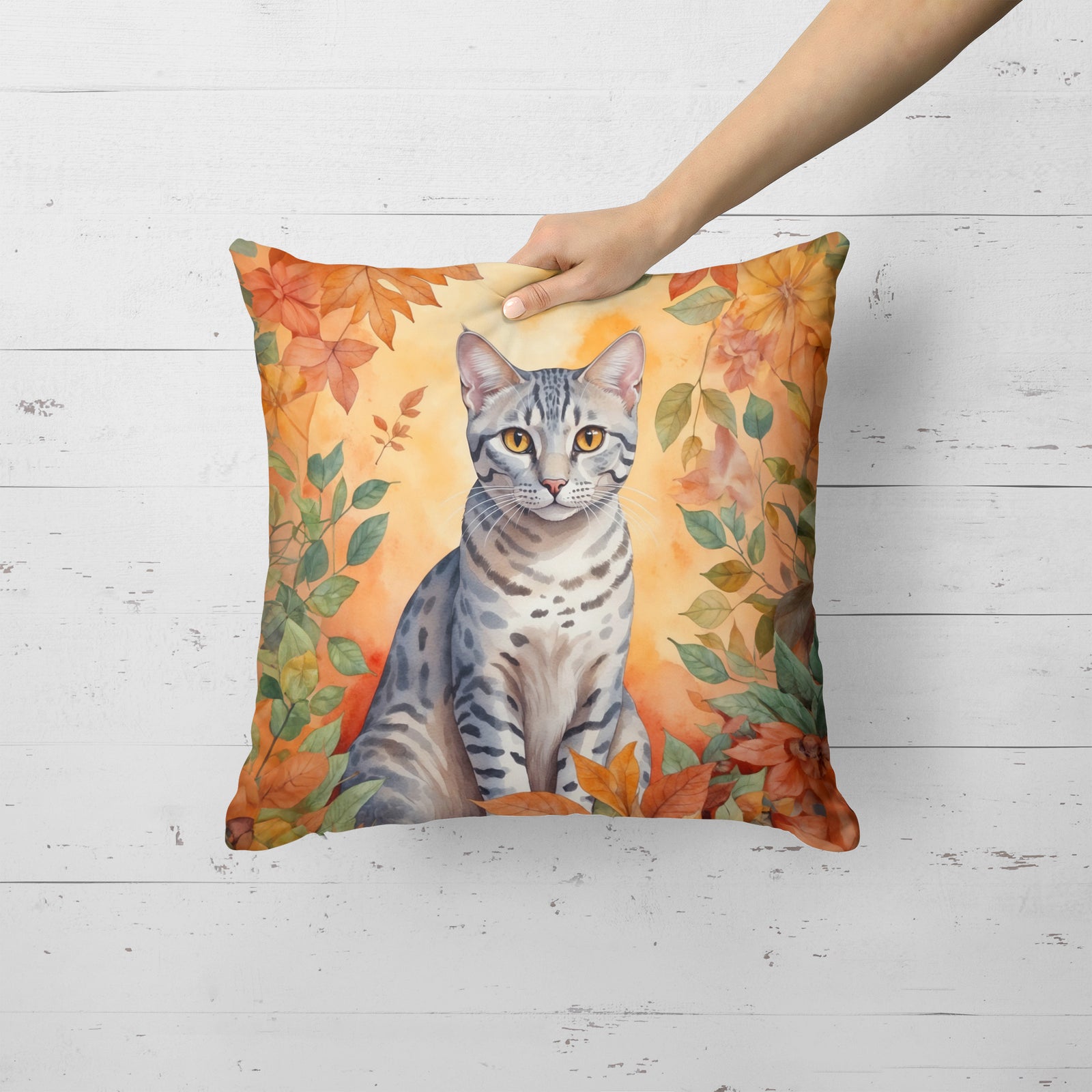 Caroline's Treasures Egyptian Mau Cat in Fall Leaves Throw Pillow